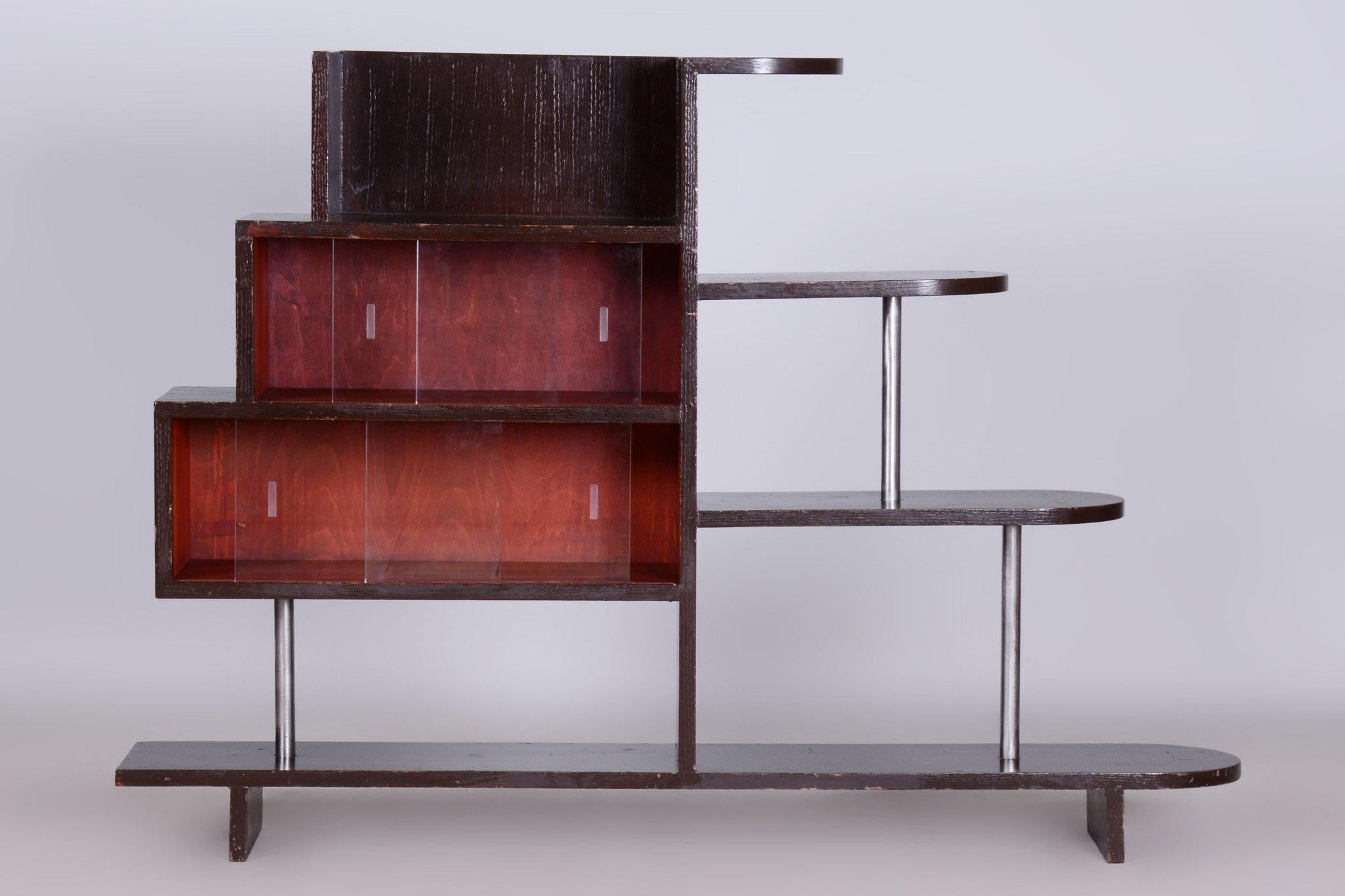 Restaurierte Artdeco-Etagere, Eiche, Glas, verchromter Stahl, Tschechien, 1930er Jahre (Art déco) im Angebot