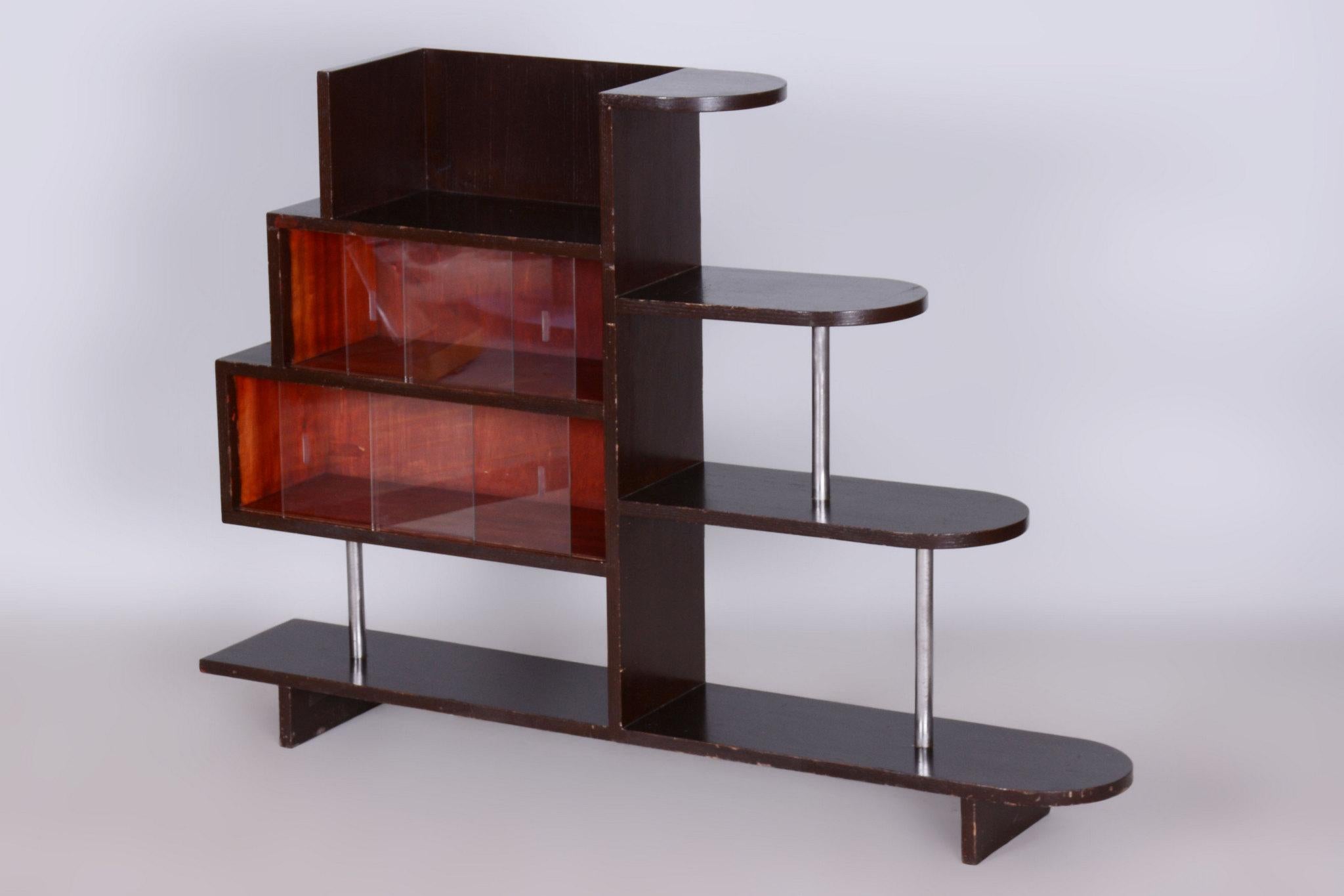 Restaurierte Artdeco-Etagere, Eiche, Glas, verchromter Stahl, Tschechien, 1930er Jahre (Tschechisch) im Angebot