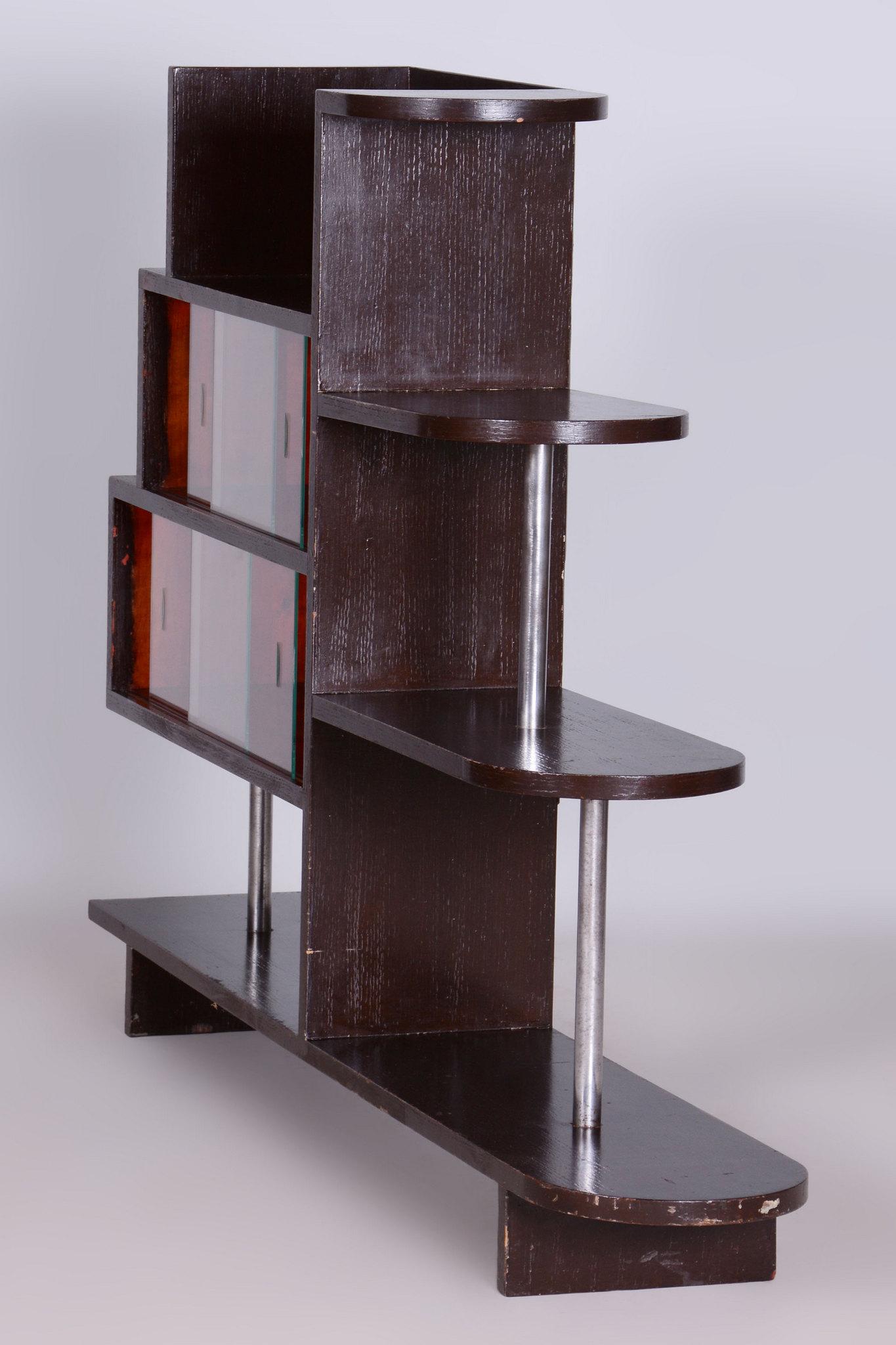 Restaurierte Artdeco-Etagere, Eiche, Glas, verchromter Stahl, Tschechien, 1930er Jahre im Angebot 1