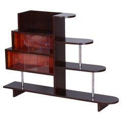 Restaurierte Artdeco-Etagere, Eiche, Glas, verchromter Stahl, Tschechien, 1930er Jahre