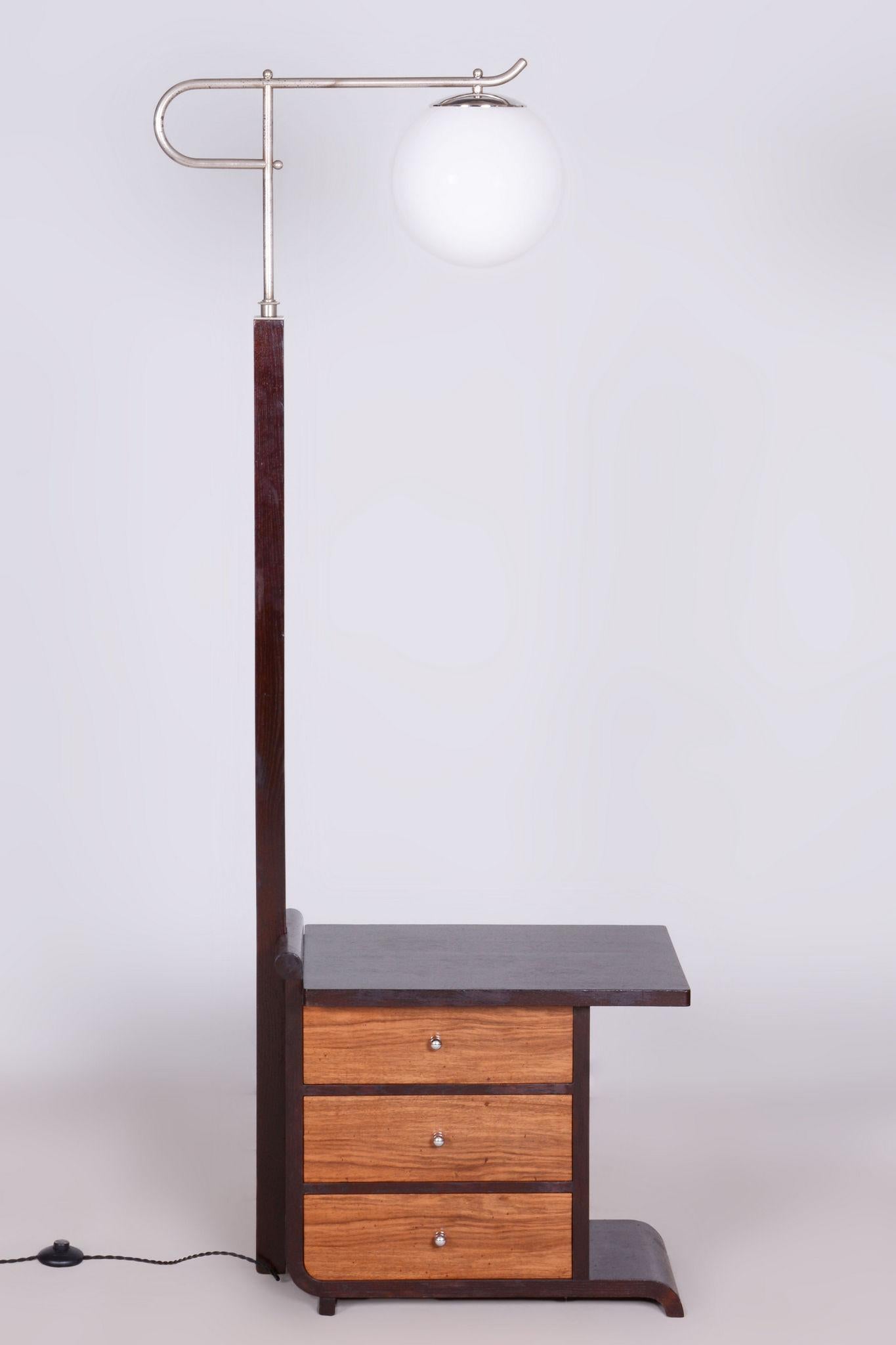 Restored ArtDeco Floor Lamp, J. Halabala, Walnut, Chrome, Glass, Czechia, 1930s In Good Condition For Sale In Horomerice, CZ