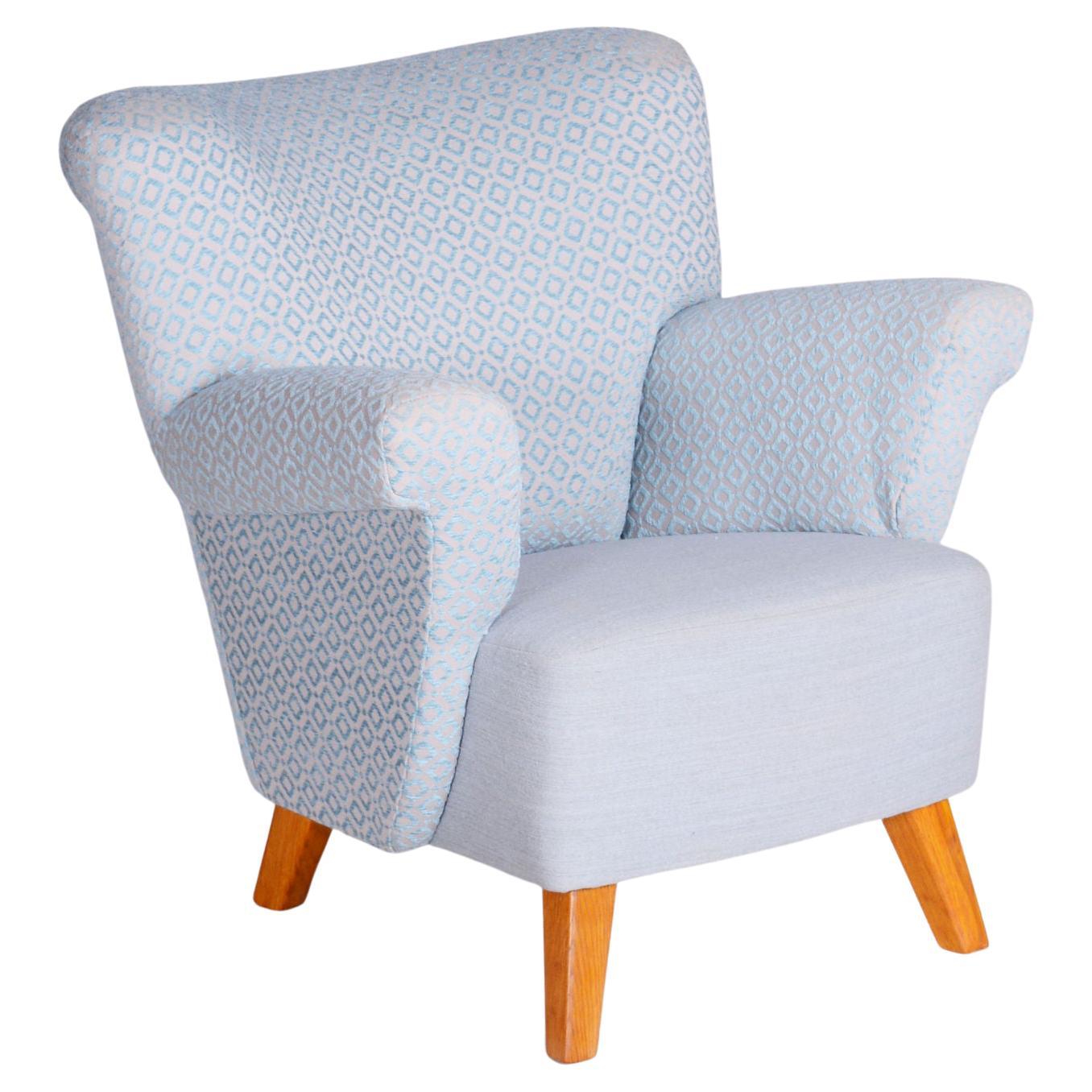 Restored ArtDeco Light Blue Oak Armchair, New Upholstery, Czechia, 1930s For Sale