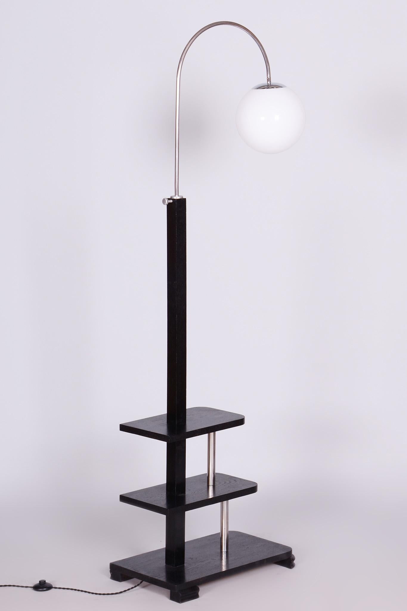 Mid-20th Century Restored ArtDeco Oak Floor Lamp, New Electrification, Chrome, Czechia, 1930s For Sale