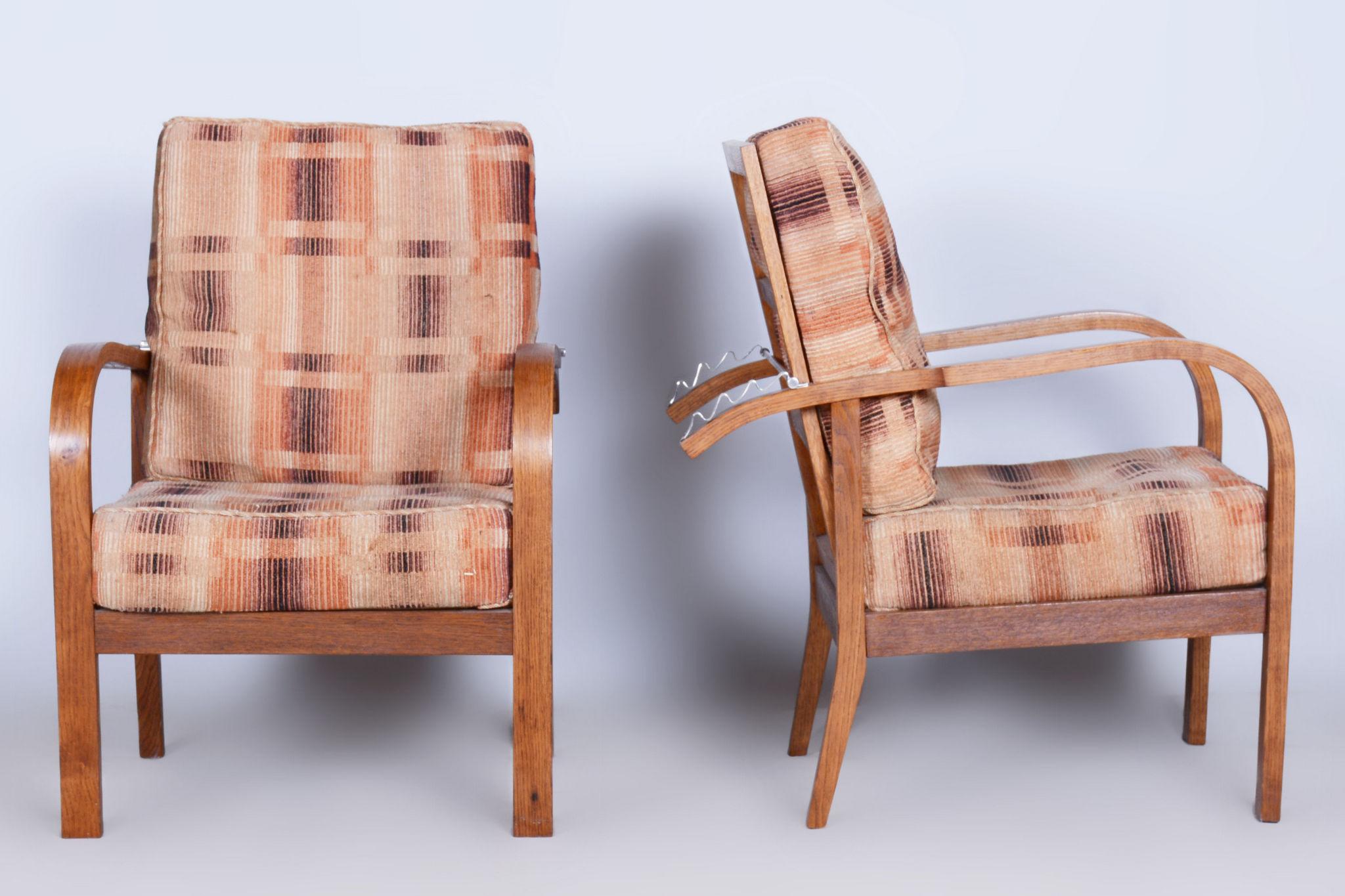 Wood Restored ArtDeco Pair of Reclining Chairs, J. Halabala, Oak, Czechia, 1930s For Sale