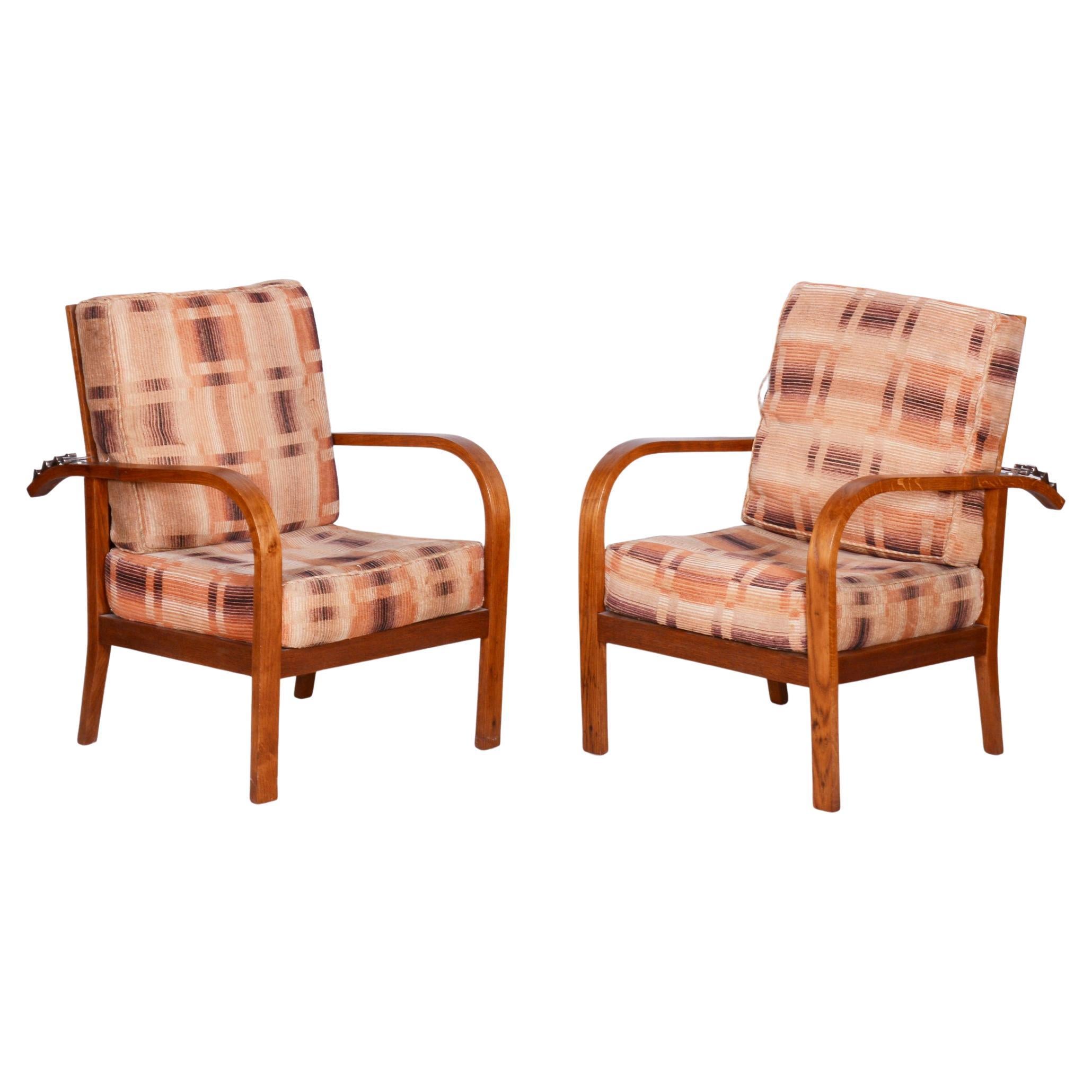 Restored ArtDeco Pair of Reclining Chairs, J. Halabala, Oak, Czechia, 1930s For Sale