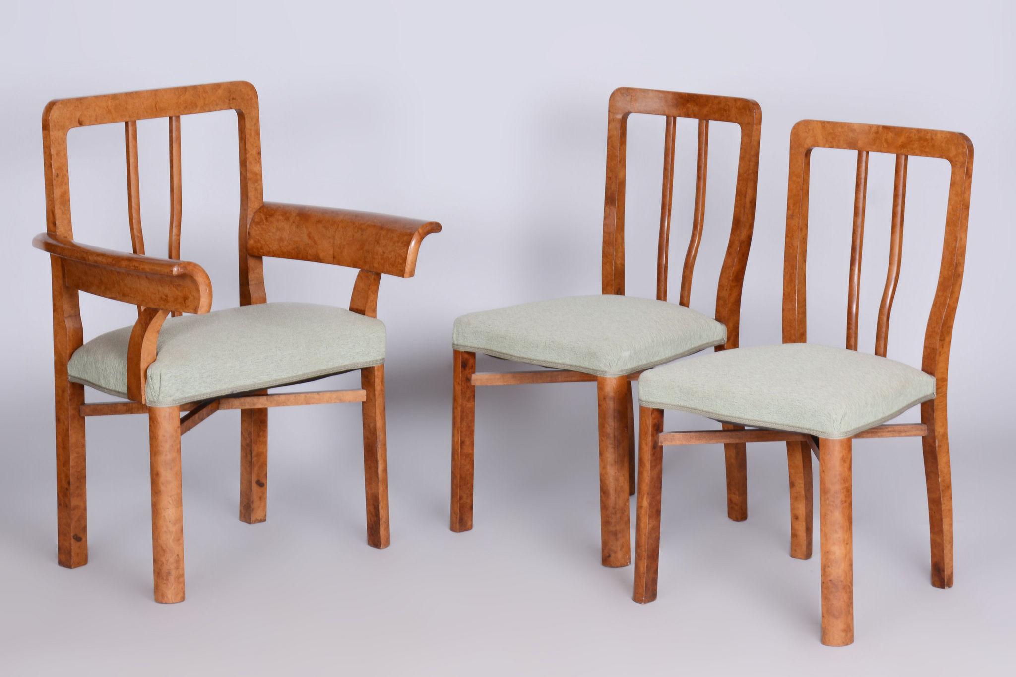 Restored ArtDeco Seating Set.

Source: Czechia (Czechoslovakia)
Period: 1930-1939
Material: Beech, Maple Root Veneer

Armchair dimensions:
Height: 94 cm (37 in)
Width: 71 cm (28 in)
Depth: 51 cm (20.1 in)
Seat height: 51 cm (20.1 in)

Chair's
