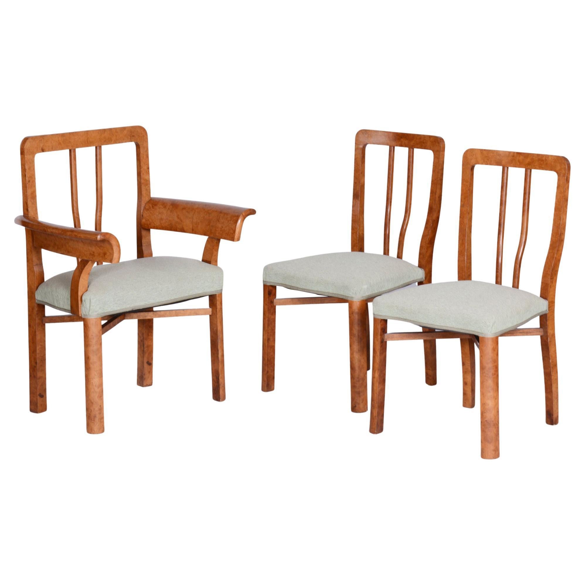 Juego de asientos ArtDeco restaurado, haya, chapa de raíz de arce, Chequia, años 30