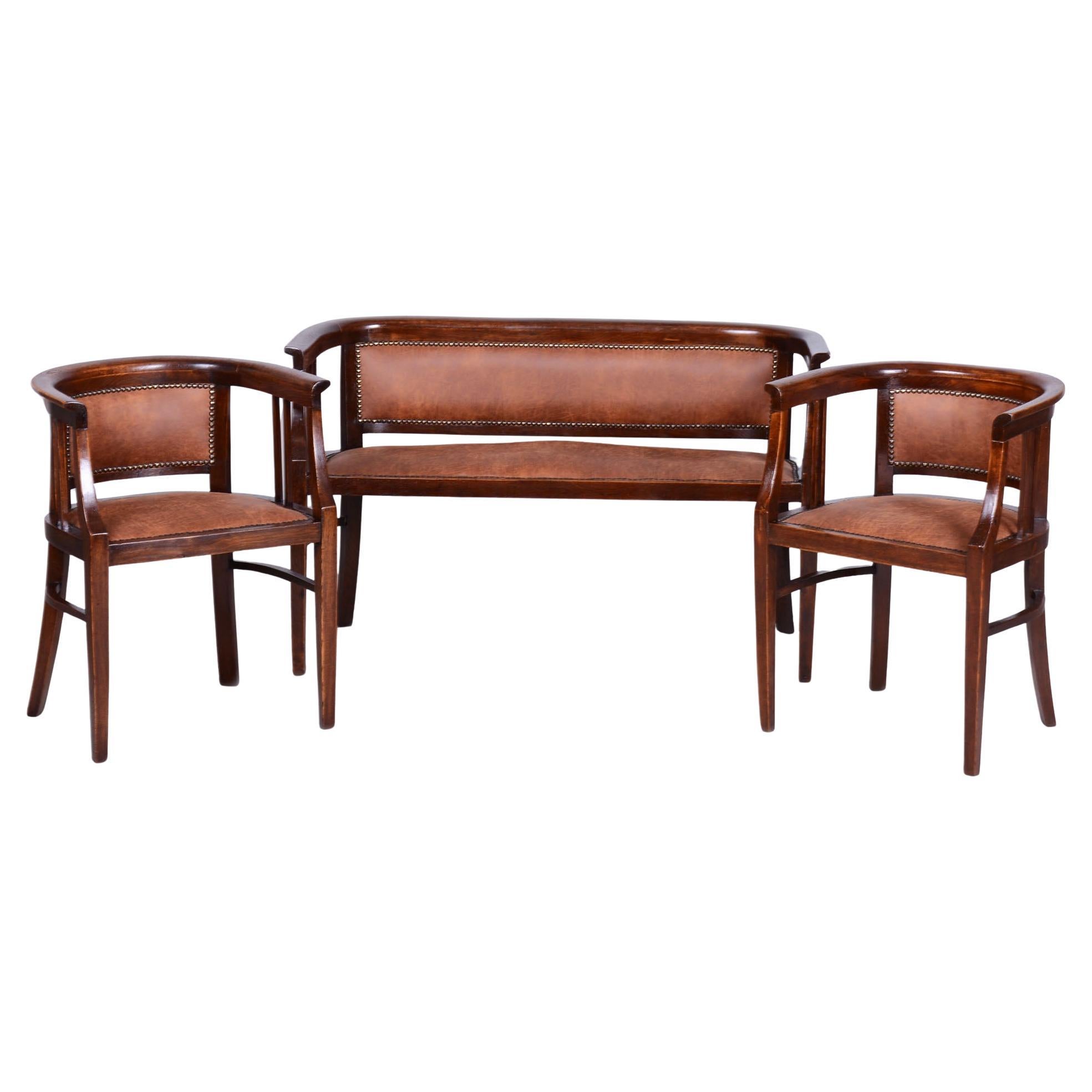 Restored ArtDeco Seating Set, Beech, Revived Polish, Reupholstered, Czech, 1920s