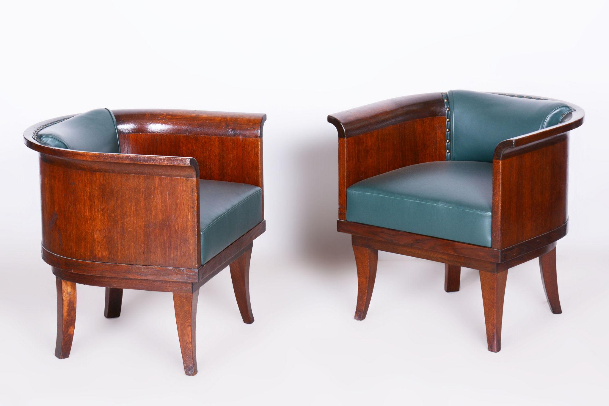 Restored ArtDeco Set of Four Oak Armchairs, High-Quality Leather, Czechia, 1920s For Sale 1