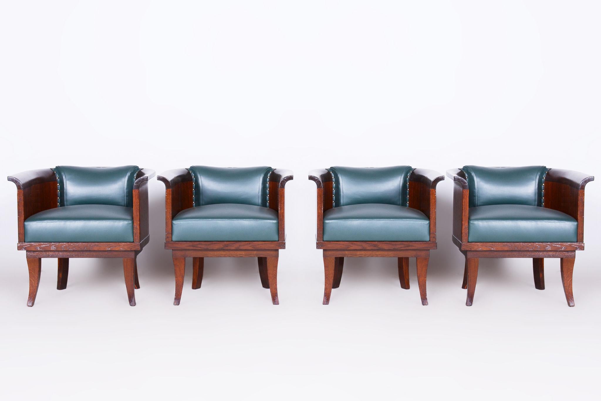 Restored ArtDeco Set of Four Oak Armchairs, High-Quality Leather, Czechia, 1920s For Sale 2