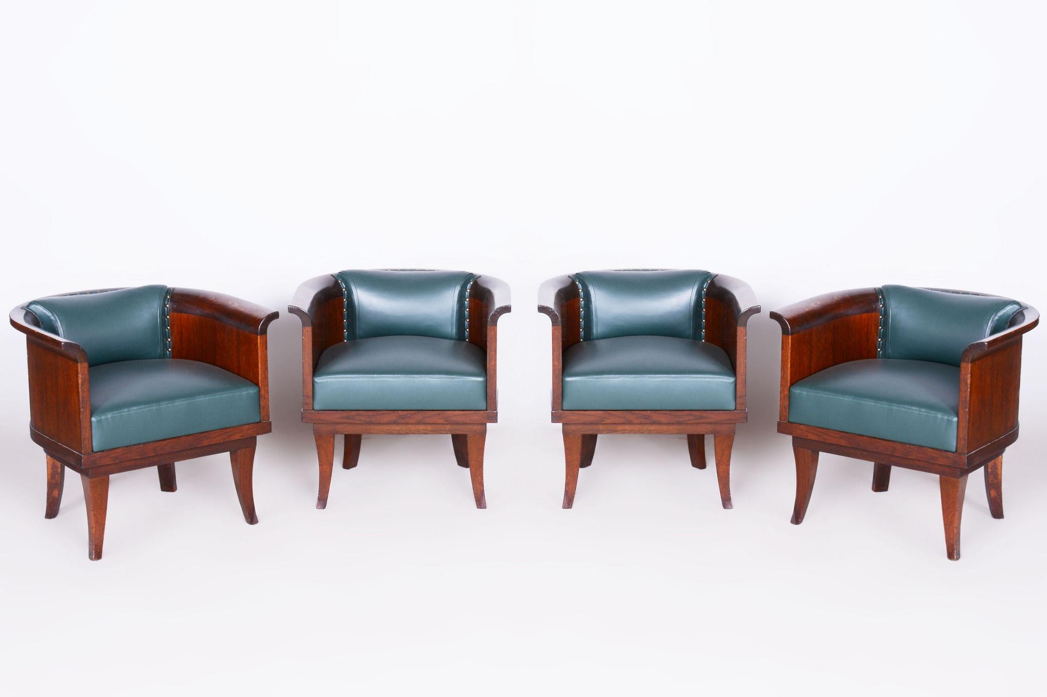 Restored ArtDeco Set of Four Oak Armchairs, High-Quality Leather, Czechia, 1920s For Sale 3