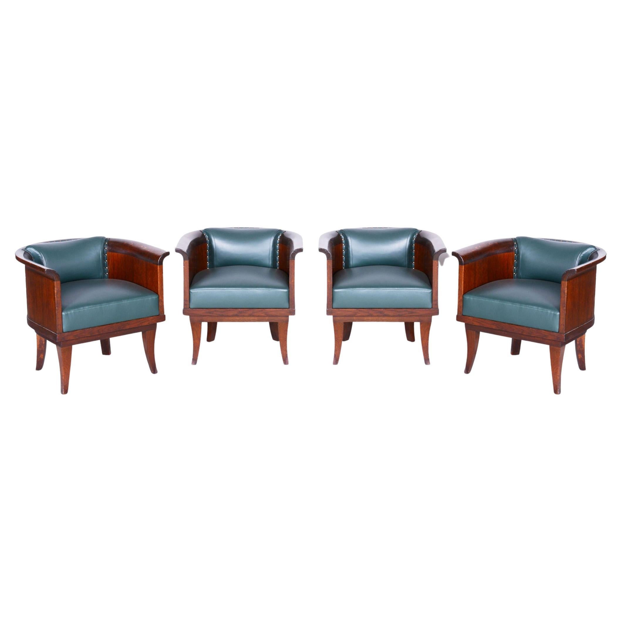 Restored ArtDeco Set of Four Oak Armchairs, High-Quality Leather, Czechia, 1920s For Sale