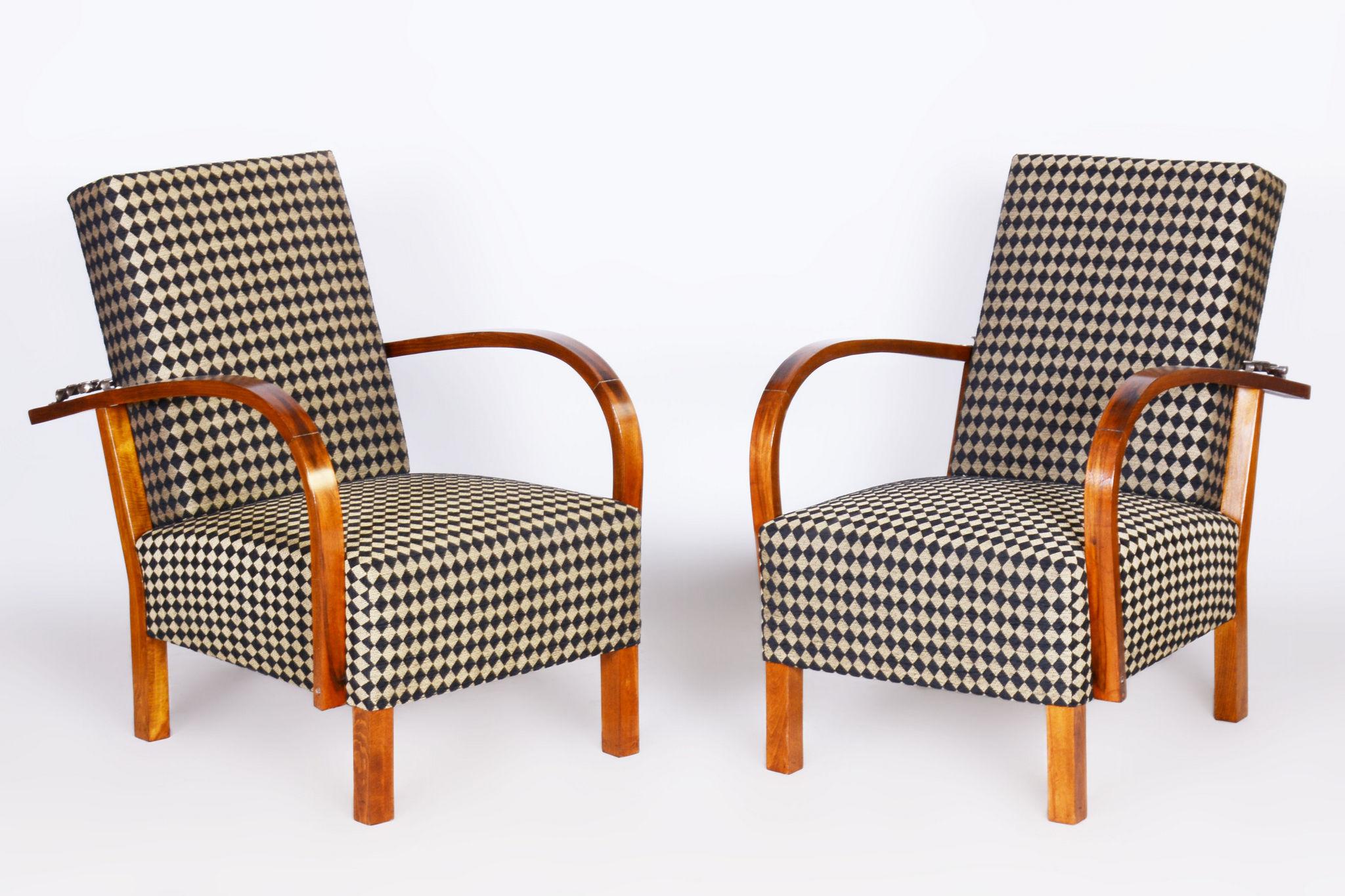 Restored ArtDeco Walnut Pair of Reclining Chairs, New Upholstery, Czechia, 1930s For Sale 3