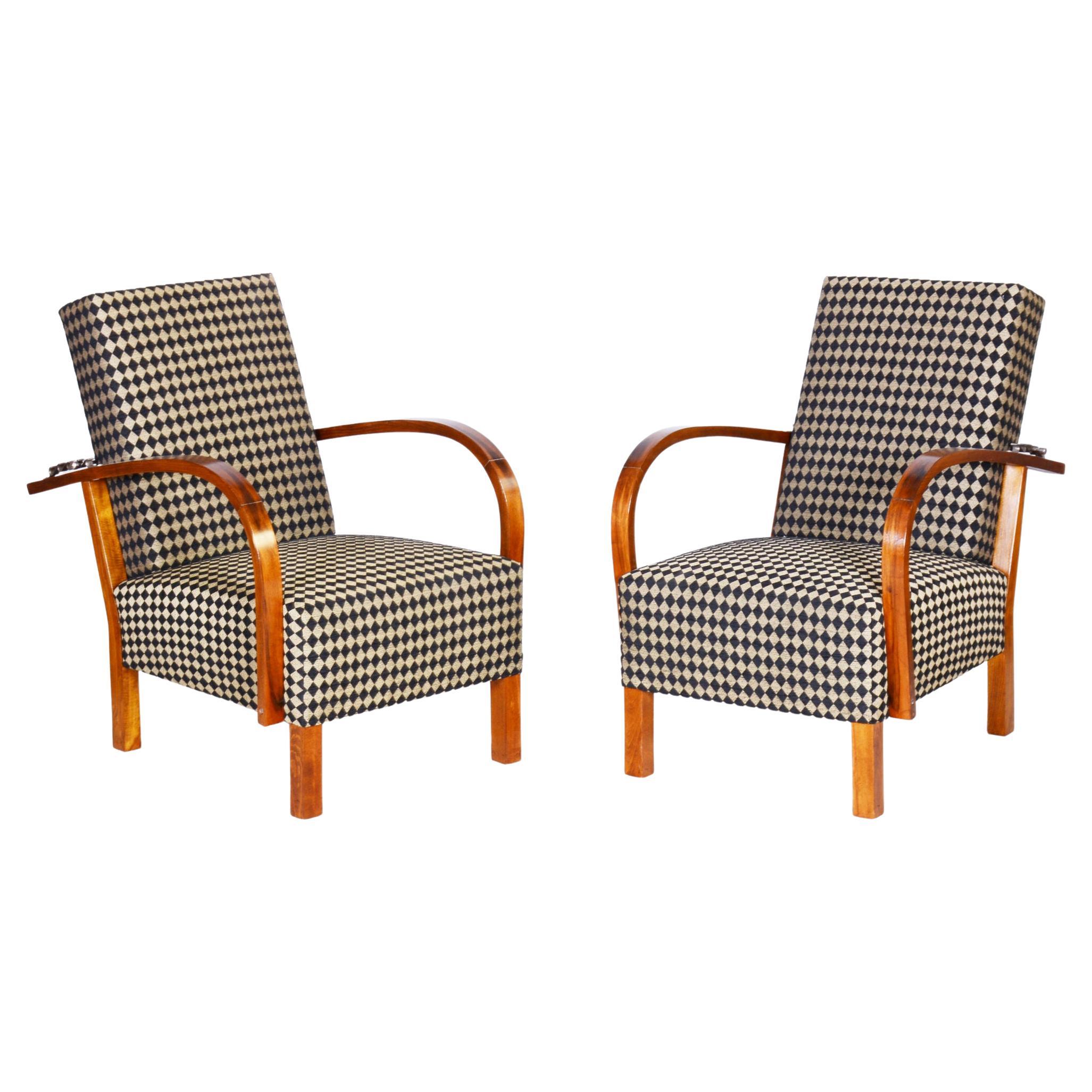 Restored ArtDeco Walnut Pair of Reclining Chairs, New Upholstery, Czechia, 1930s