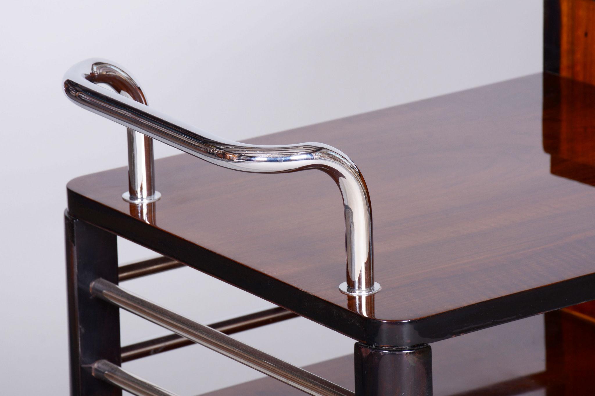 Wood Restored ArtDeco Walnut Trolley by Thonet, Chrome-Plated Steel,  Czechia, 1930s For Sale