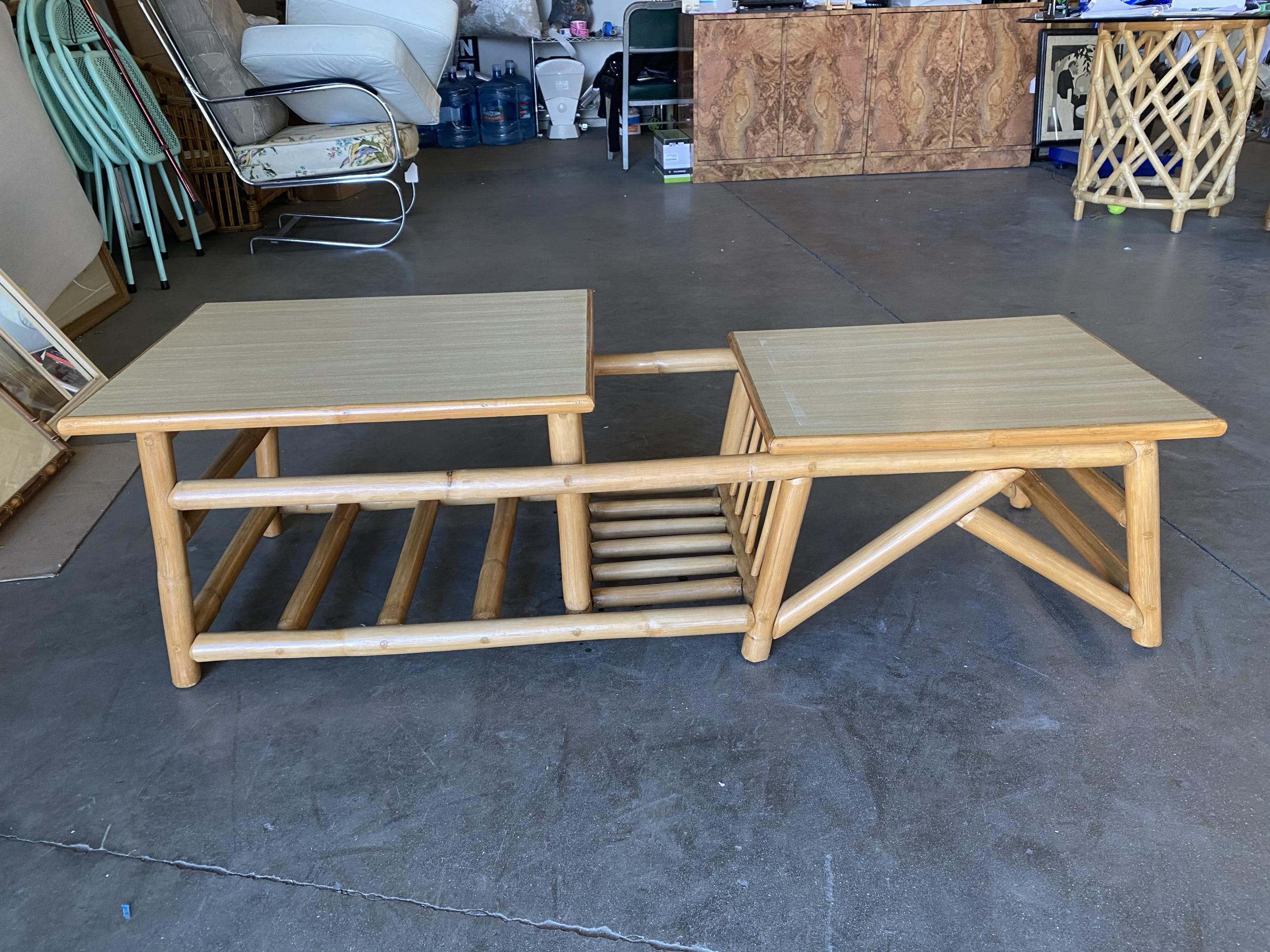 Mid-20th Century Restored Asymmetric Two-Tier Rattan Coffee Table with Architectural Base For Sale