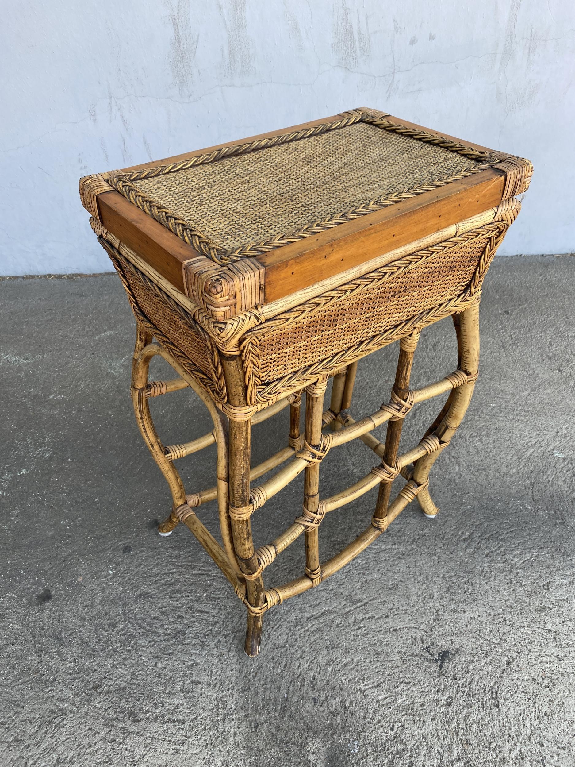 Mid-Century Modern Restored Bamboo and Wicker Trunk on Stand with Build in Tray