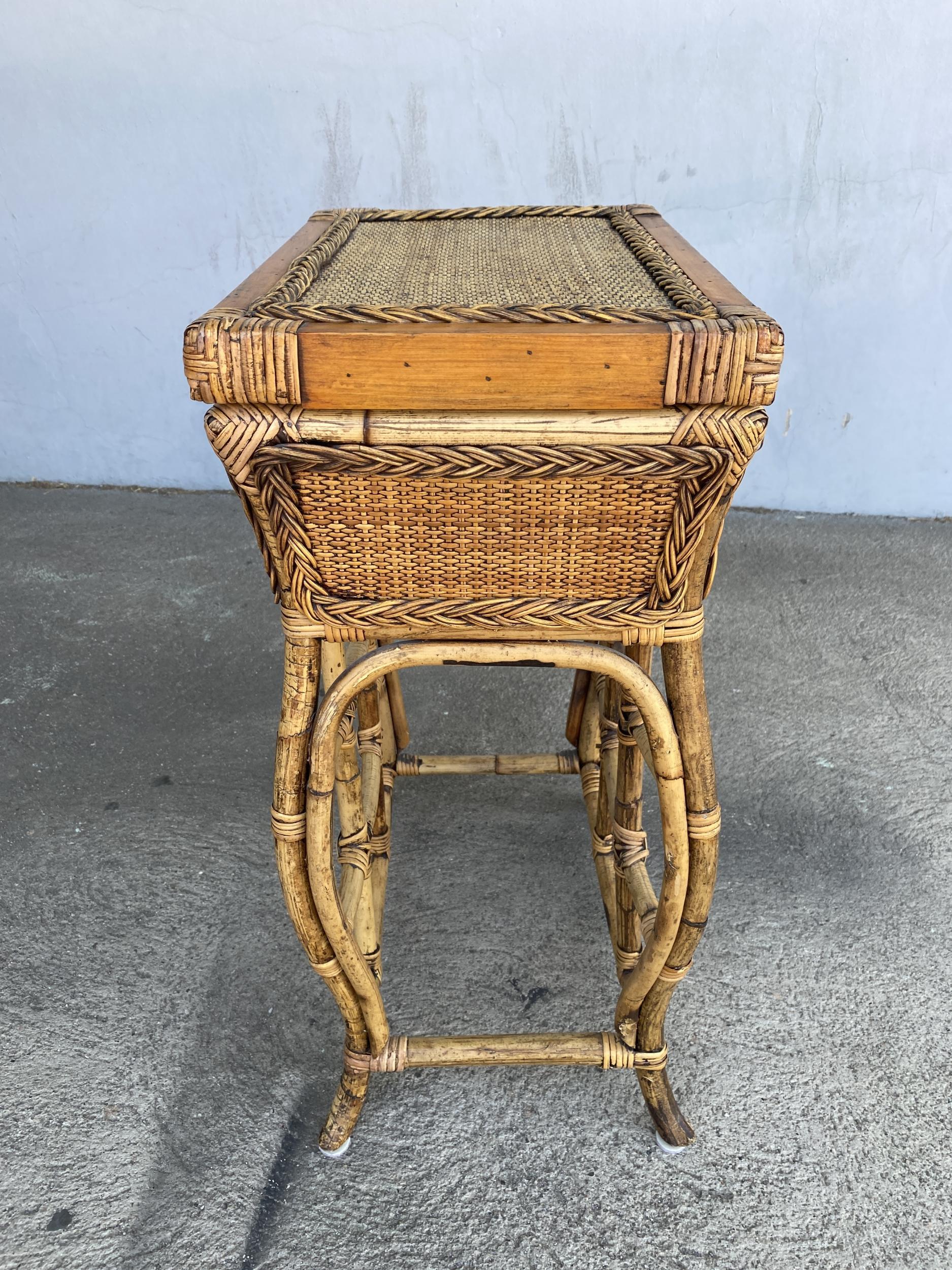 American Restored Bamboo and Wicker Trunk on Stand with Build in Tray