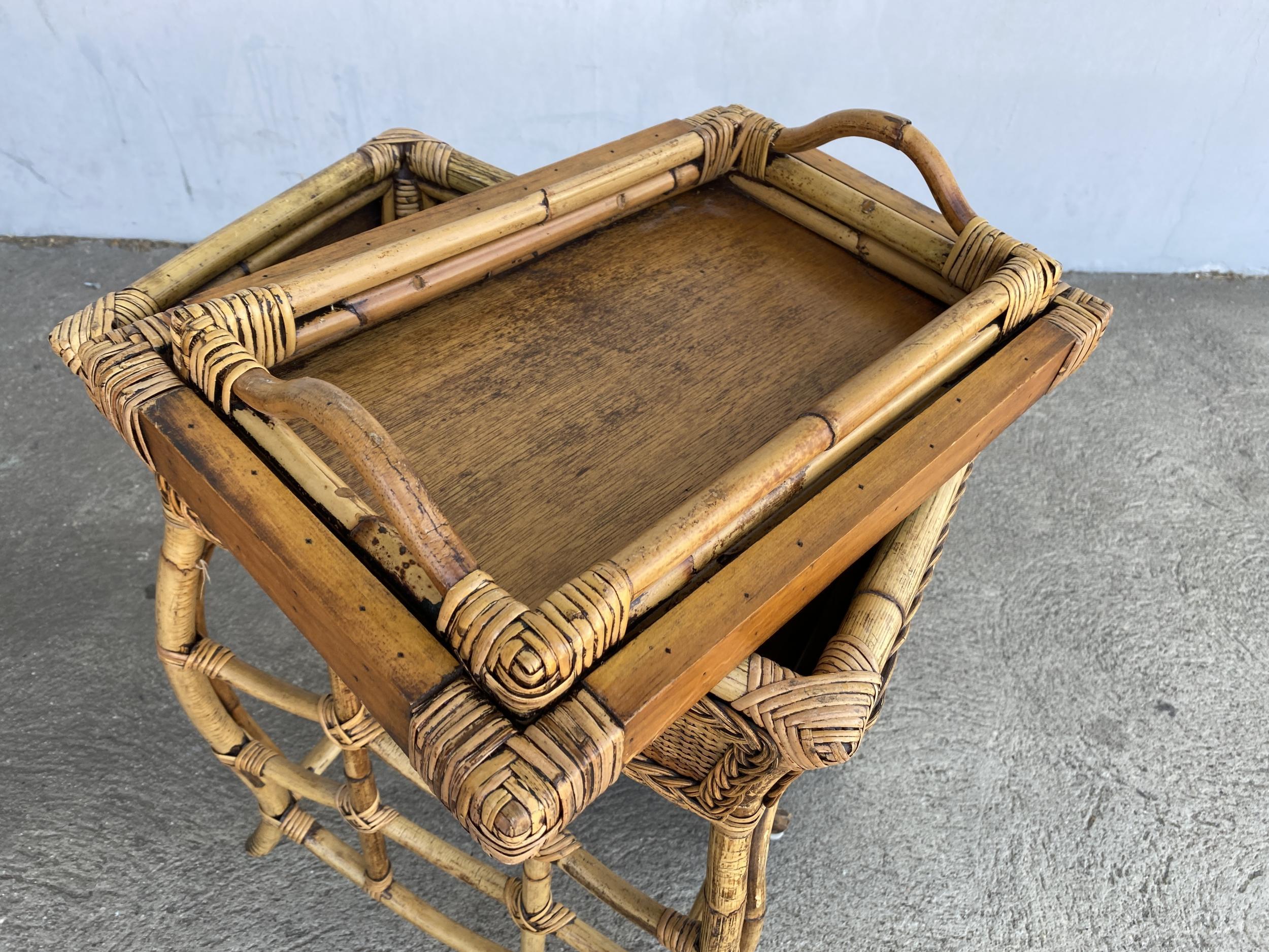 Mid-20th Century Restored Bamboo and Wicker Trunk on Stand with Build in Tray