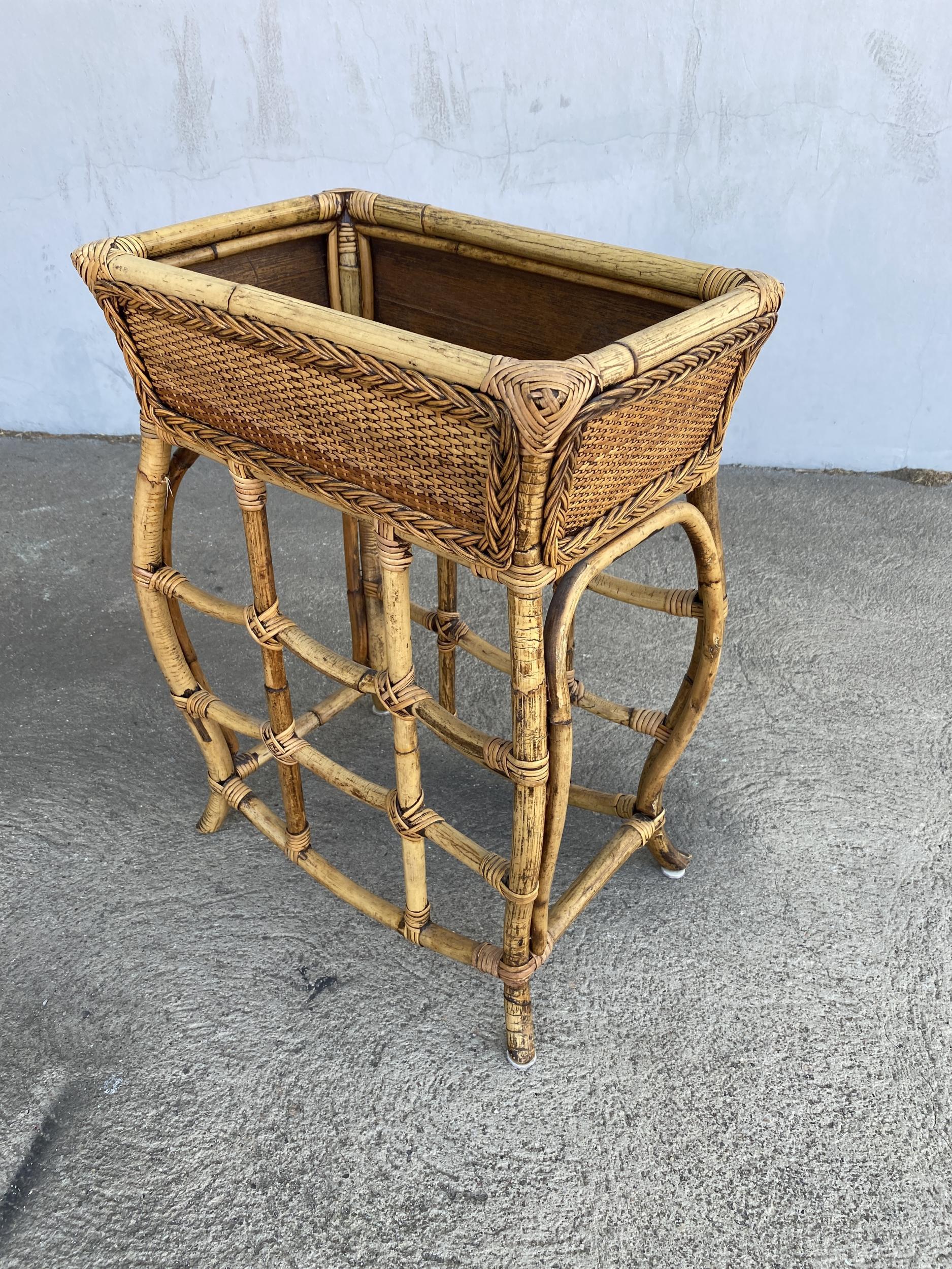 Rattan Restored Bamboo and Wicker Trunk on Stand with Build in Tray