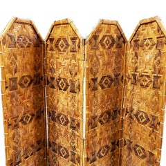 Restored Bamboo & Woven Wicker 4 Panel Folding Screen , 1920