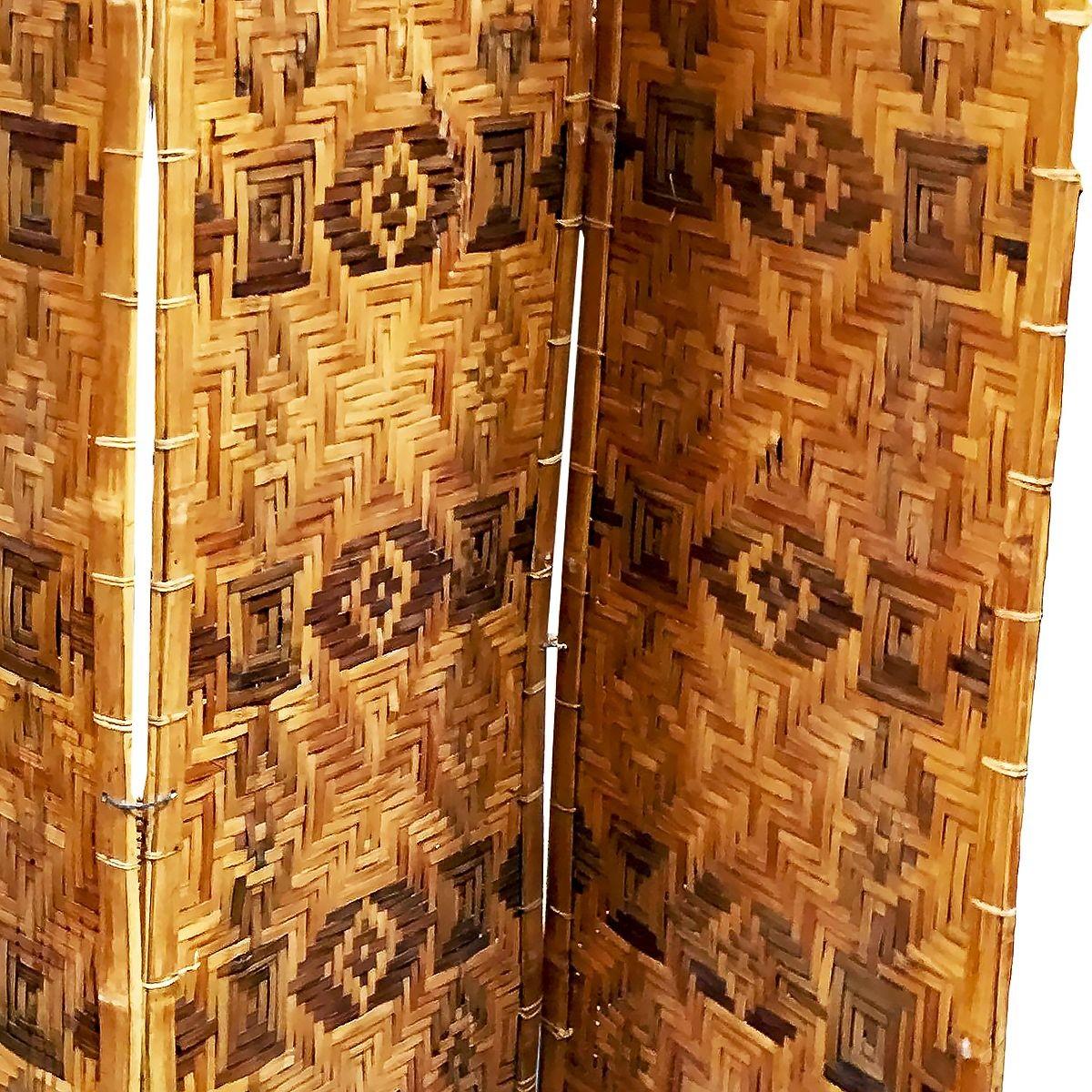 American Restored Bamboo & Woven Wicker 4 Panel Folding Screen , 1920 For Sale