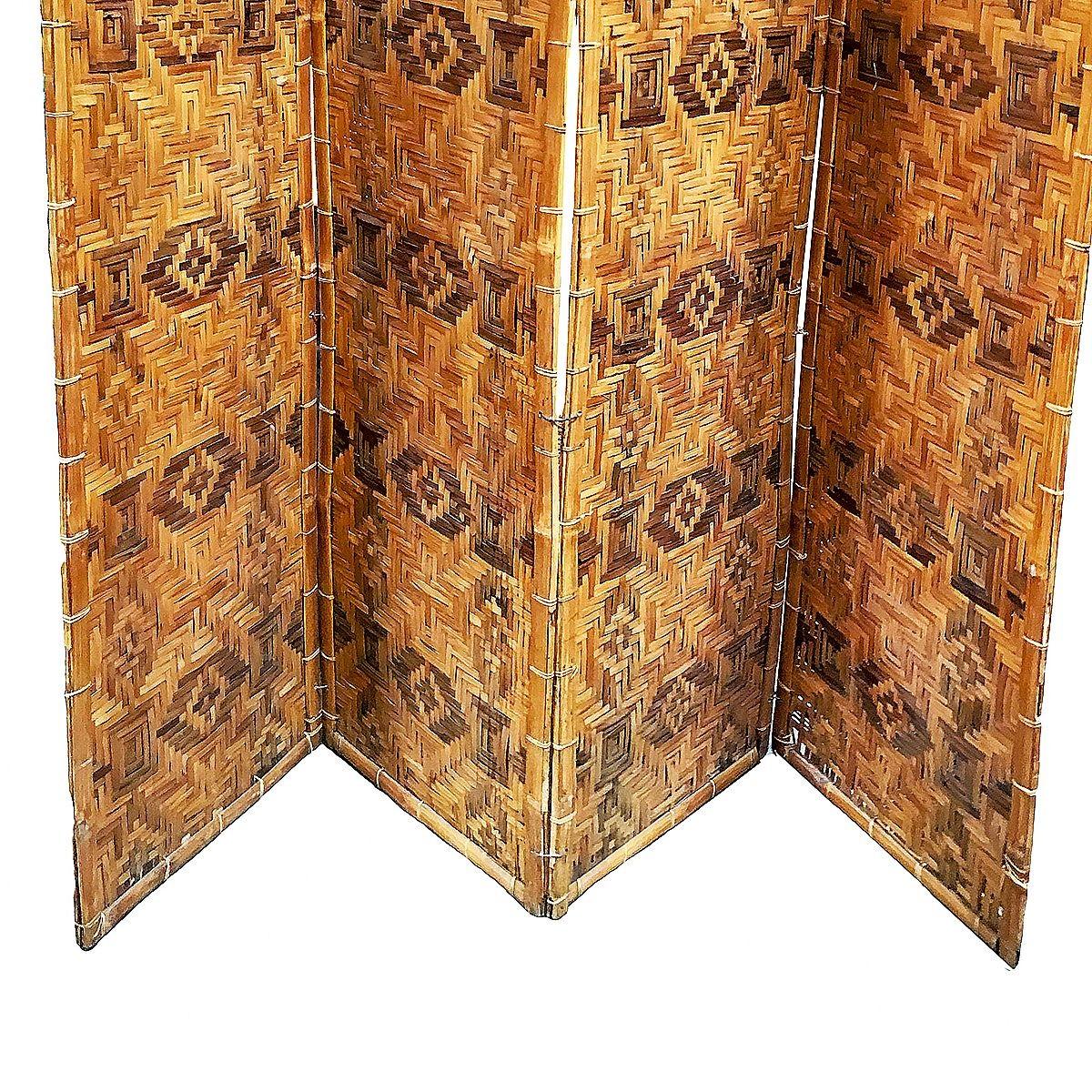 Hand-Woven Restored Bamboo & Woven Wicker 4 Panel Folding Screen , 1920 For Sale