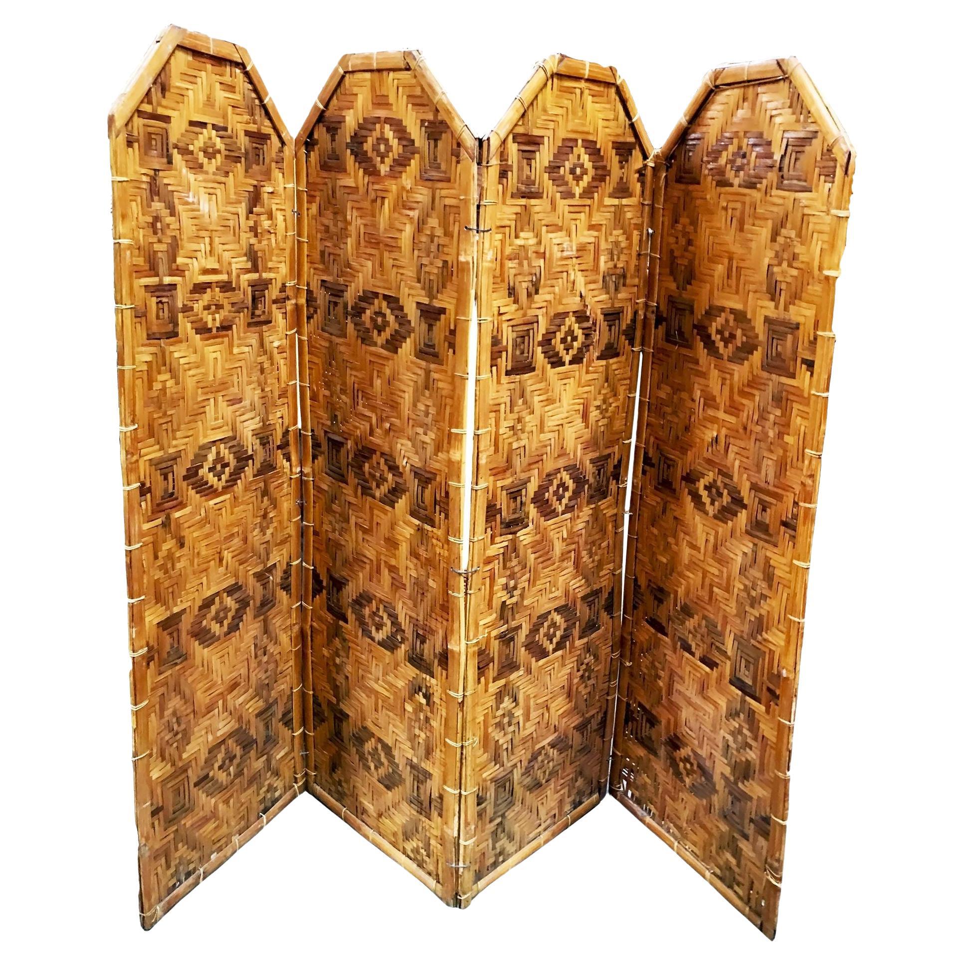 Restored Bamboo & Woven Wicker 4 Panel Folding Screen , 1920 For Sale