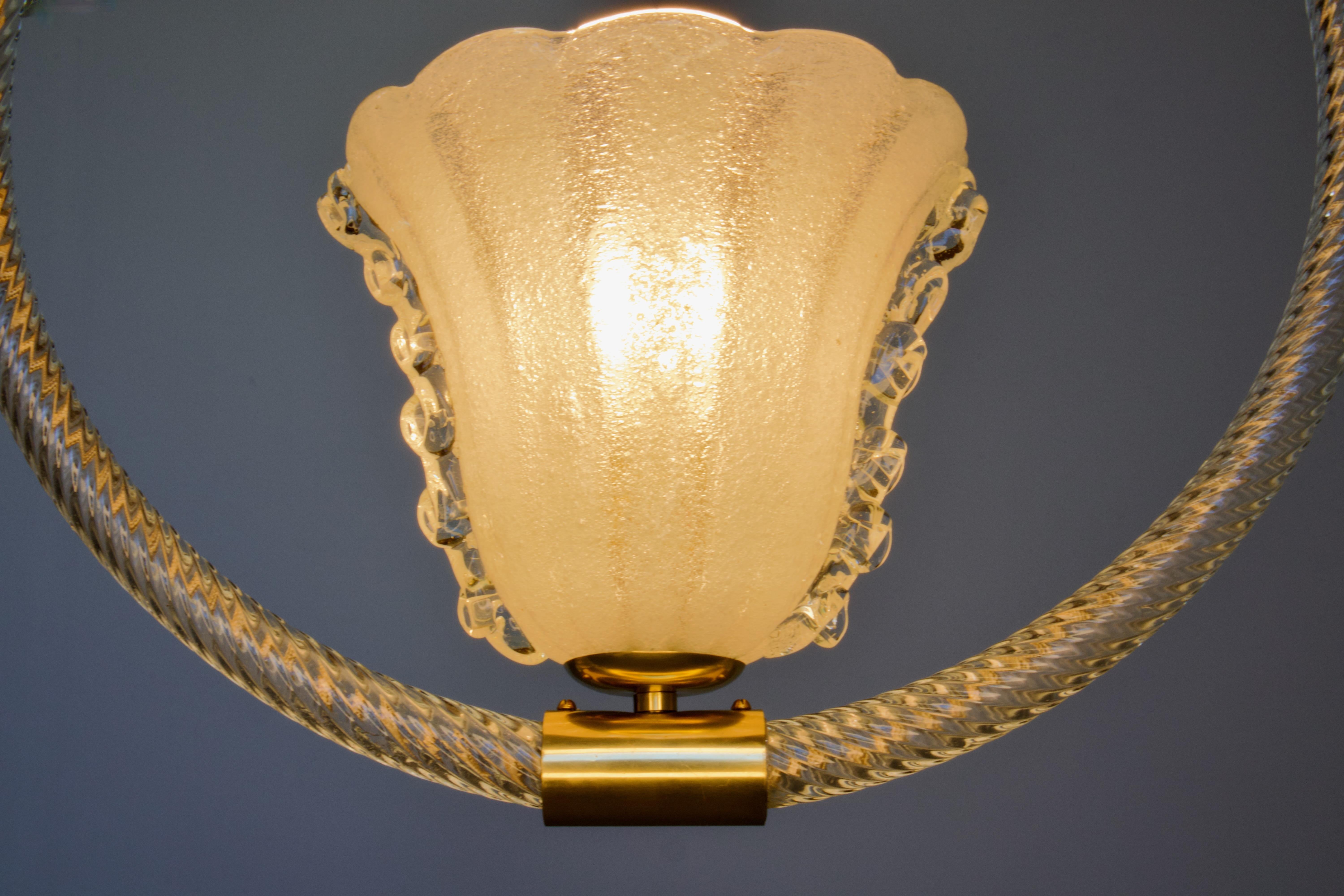 Restored Barovier Brass & Bubbled (Pulegoso) Murano Glass Pendant, Italy 1930s For Sale 3