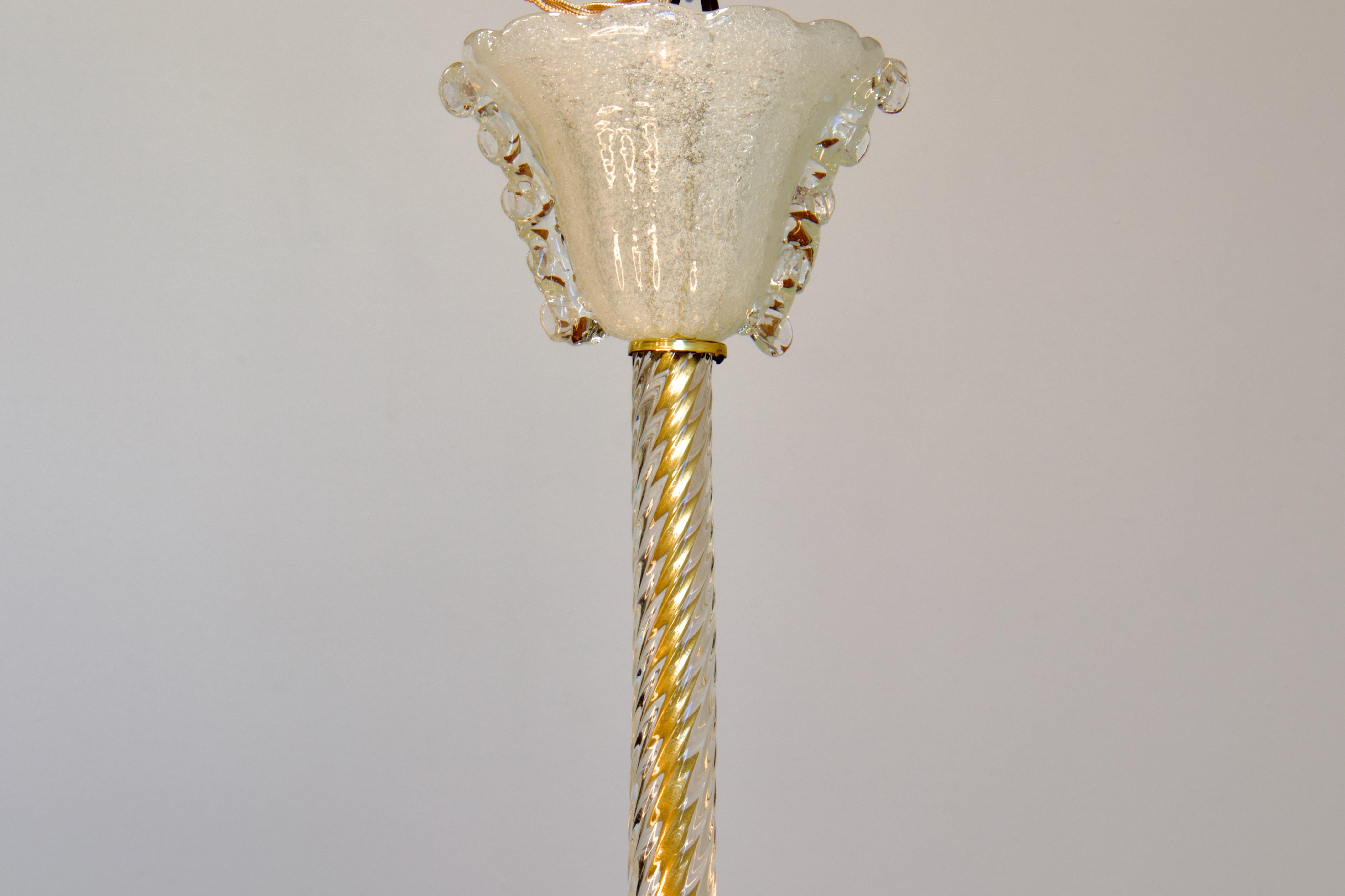 Restored 1930s Barovier Brass & Bubbled (Pulegoso) Murano Glass Pendant, Italy For Sale 5