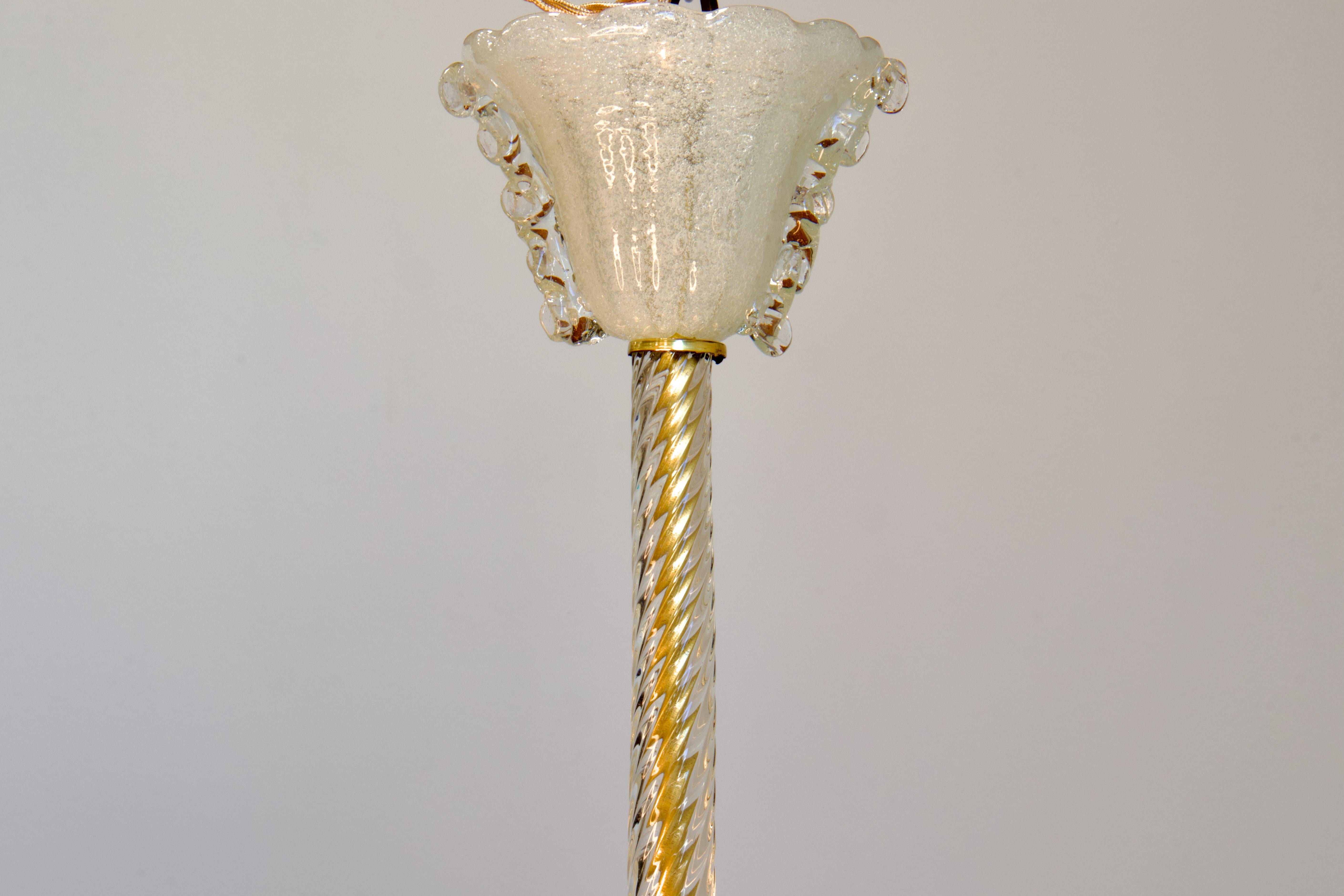 Restored 1930s Barovier Brass & Bubbled (Pulegoso) Murano Glass Pendant, Italy 5