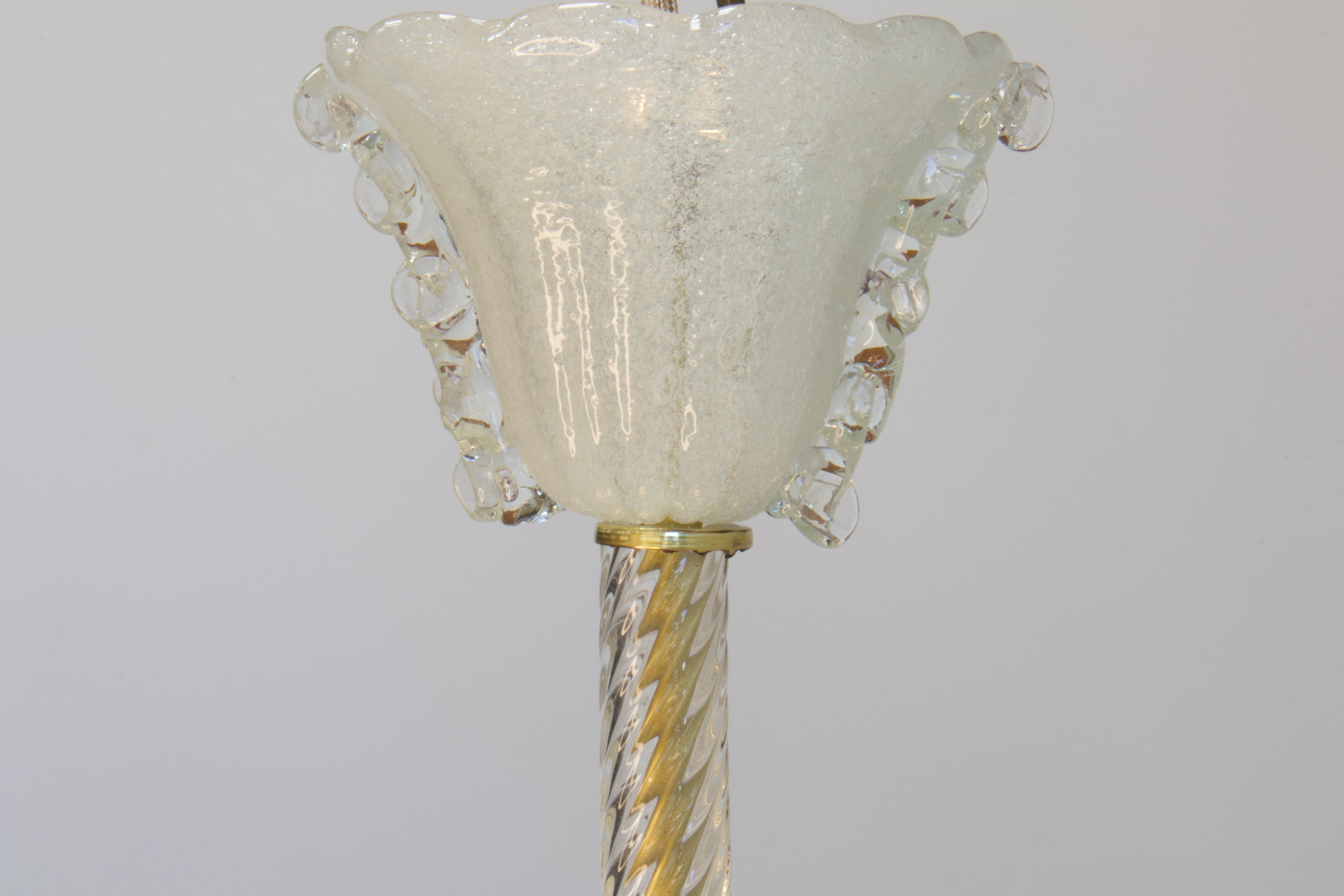 Restored 1930s Barovier Brass & Bubbled (Pulegoso) Murano Glass Pendant, Italy For Sale 7