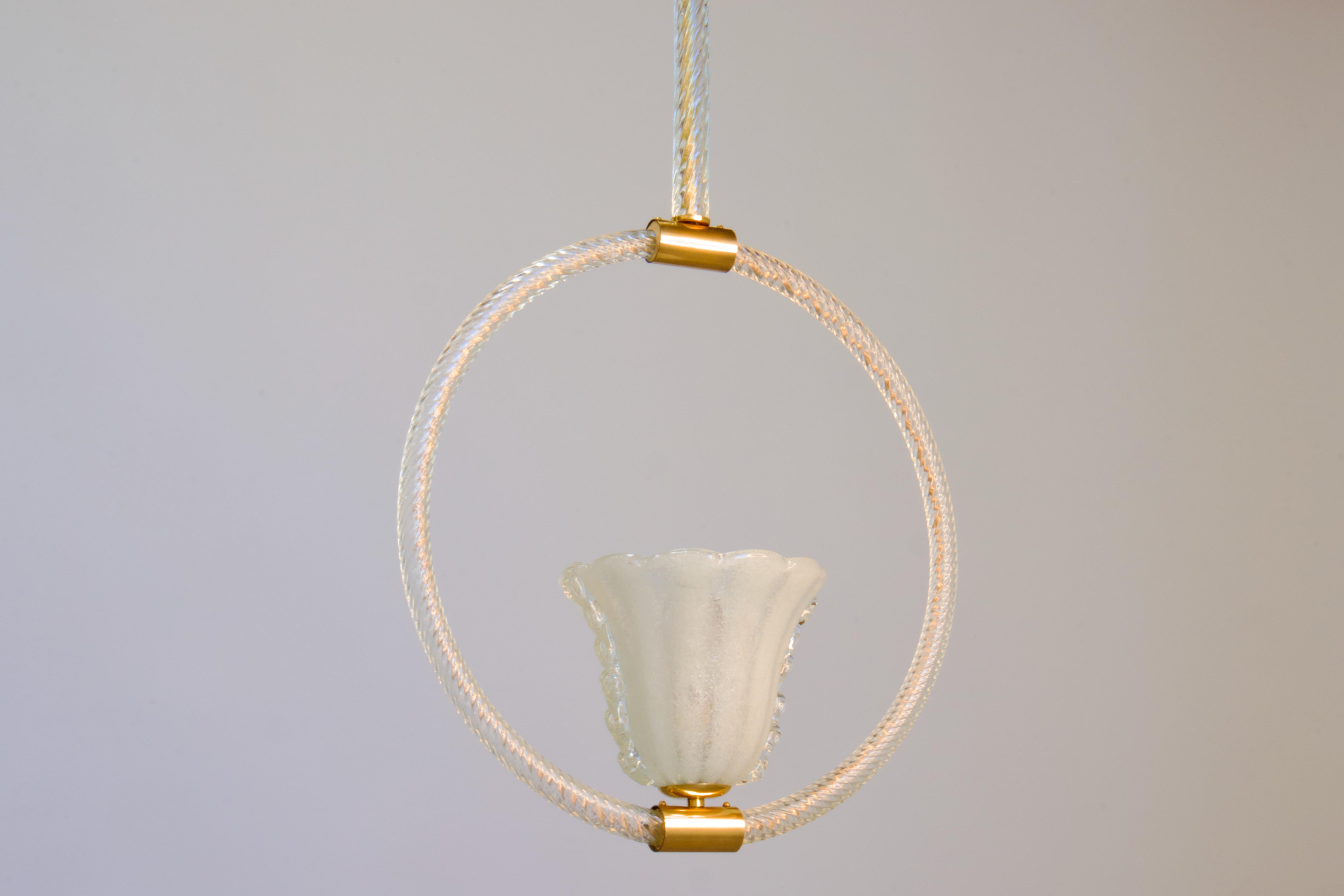 Art Deco Restored 1930s Barovier Brass & Bubbled (Pulegoso) Murano Glass Pendant, Italy For Sale