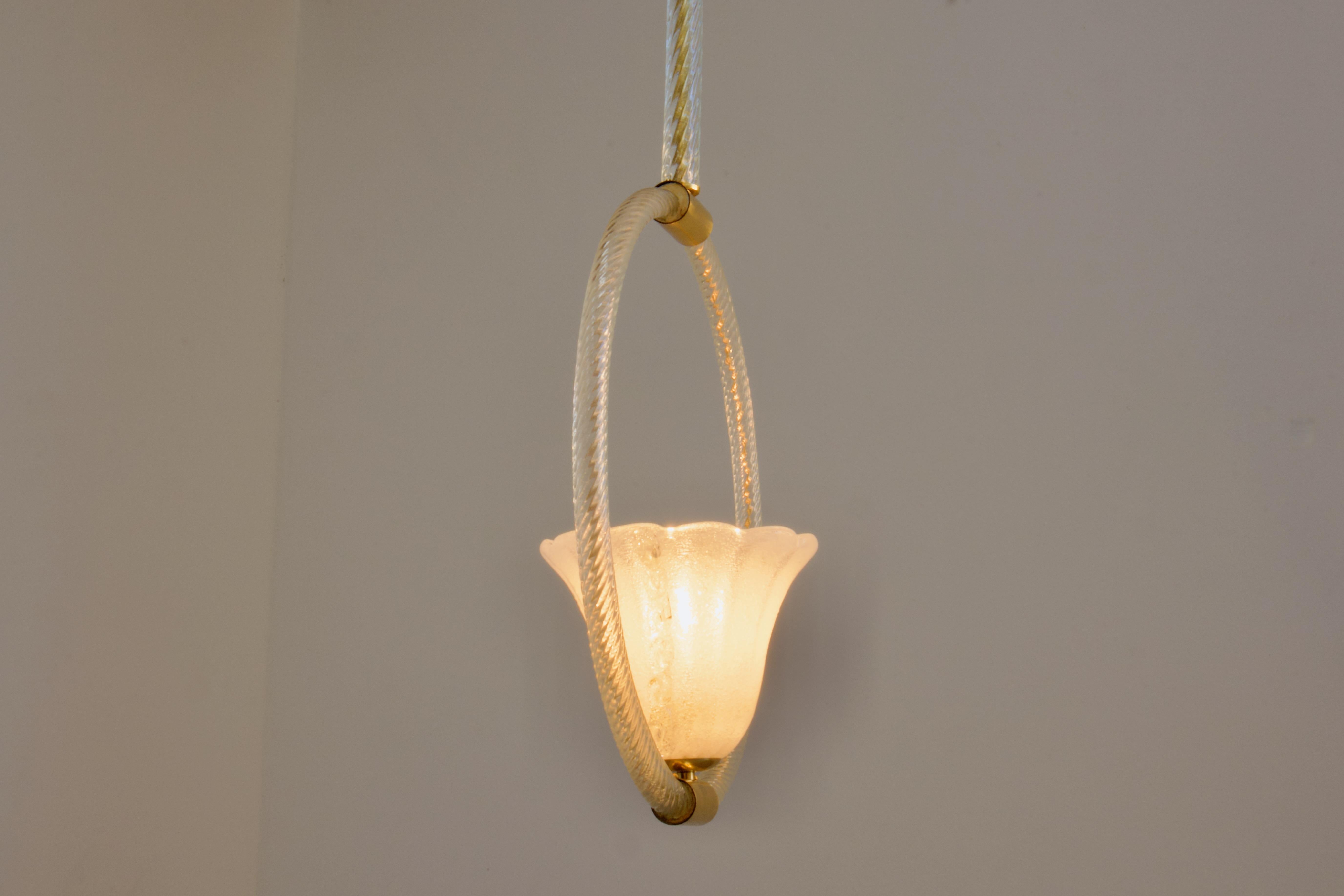 Mid-20th Century Restored 1930s Barovier Brass & Bubbled (Pulegoso) Murano Glass Pendant, Italy