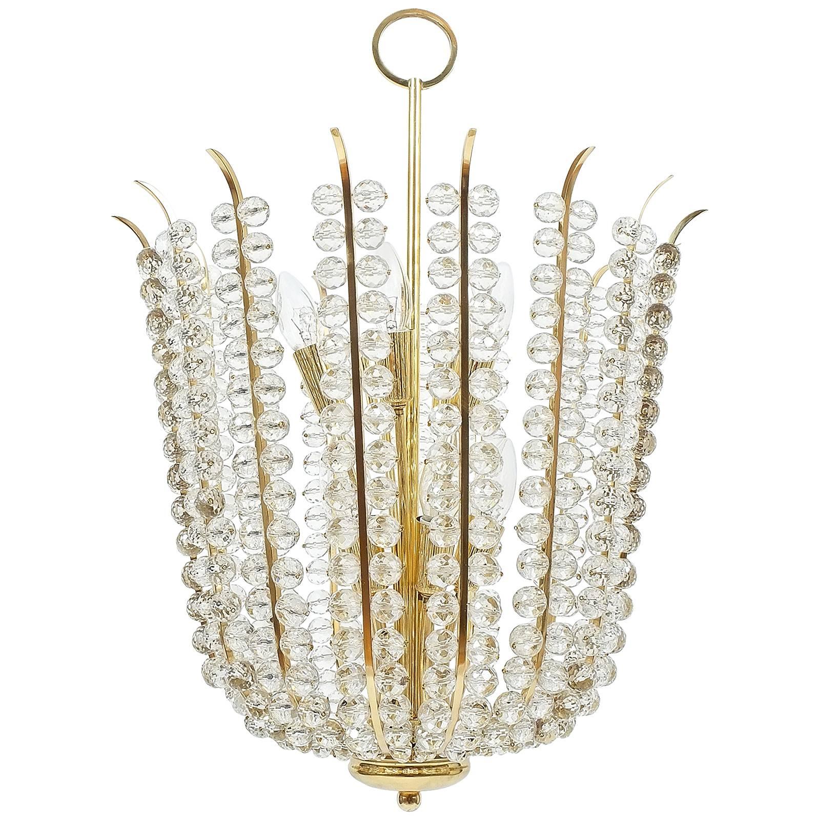 Polished Bakalowits Basket Crystal and Brass Chandelier Restored, circa 1950 For Sale