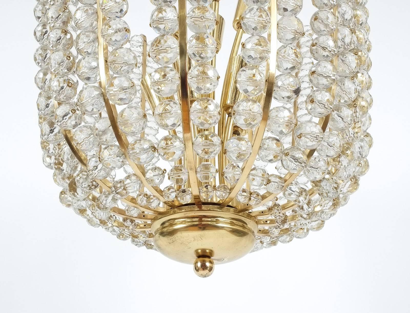 Mid-20th Century Bakalowits Basket Crystal and Brass Chandelier Restored, circa 1950 For Sale