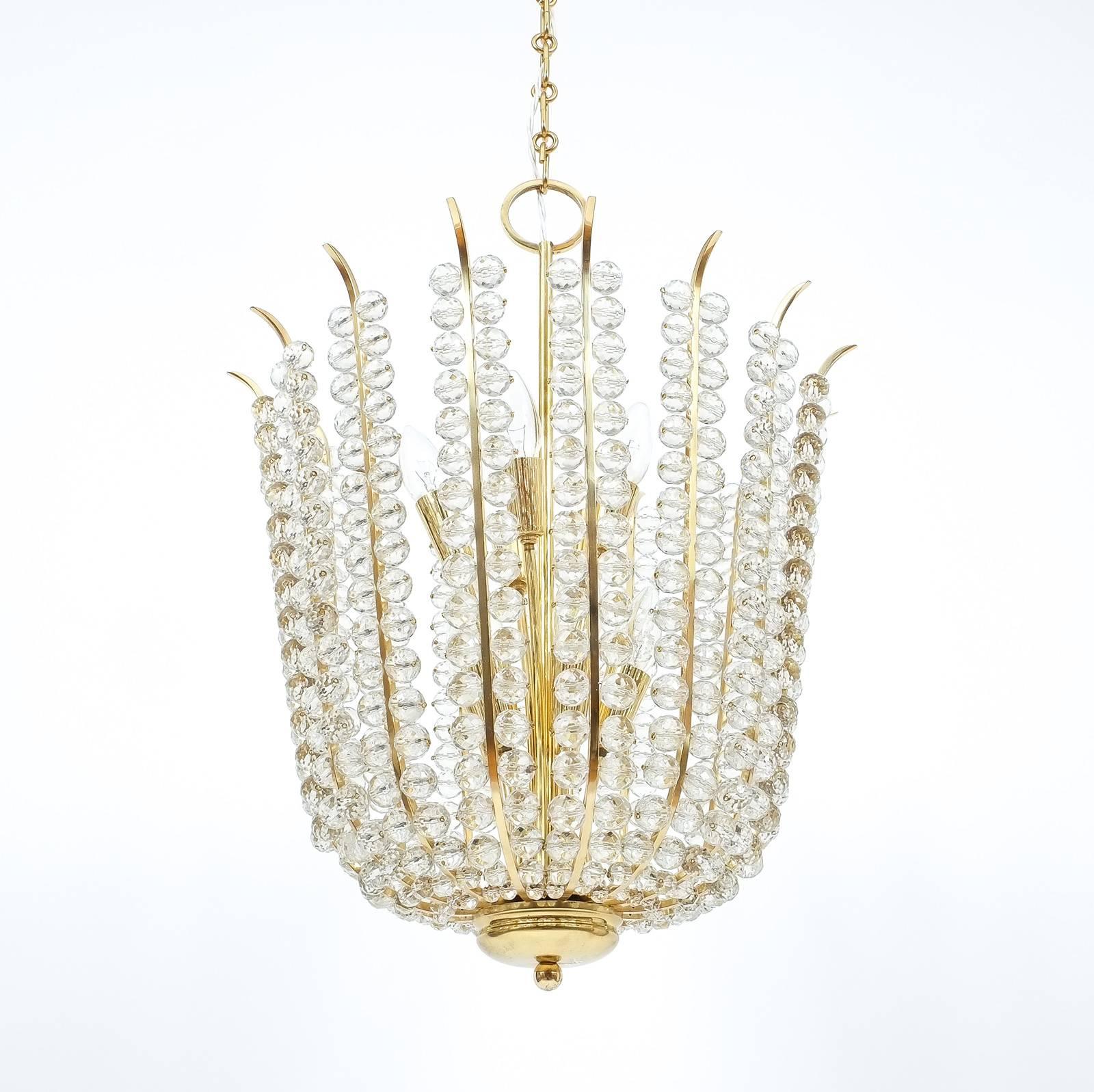 Cut Glass Bakalowits Basket Crystal and Brass Chandelier Restored, circa 1950 For Sale