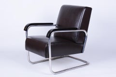 Restored Bauhaus Armchair, by Hynek Gottwald, Chrome, Leather, Czech, 1930s