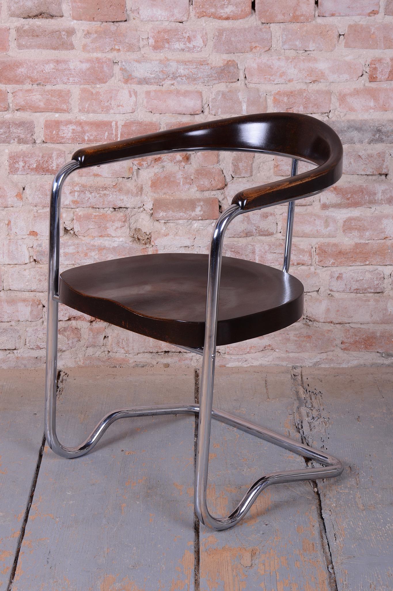 Chrome Restored Bauhaus Armchair, by Ladislav Žák, for H. Gottwald, Beech, Czech, 1930s For Sale