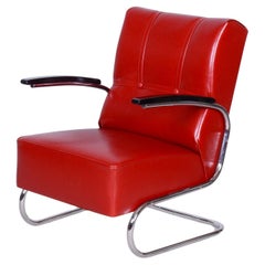 Restored Bauhaus Armchair, by Vichr a Spol., Chrome, Leather, Germany, 1930s