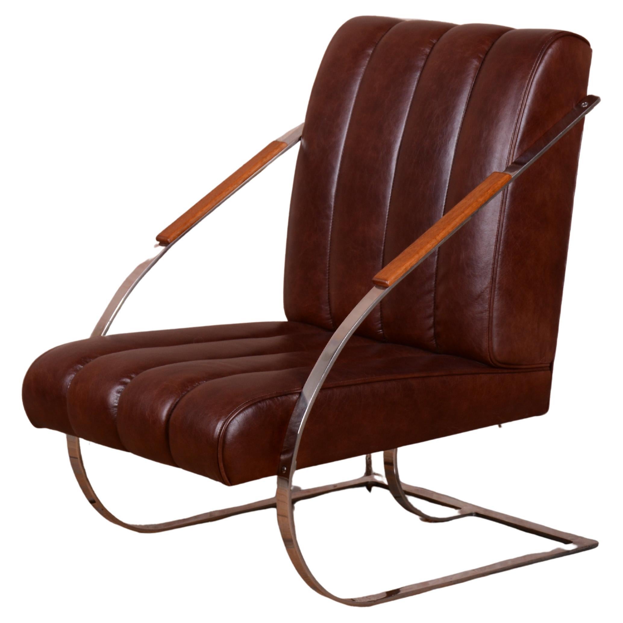 Restored Bauhaus Armchair, Leather, Nickel, Steel, Oak, Lacquer, Czech, 1920s For Sale
