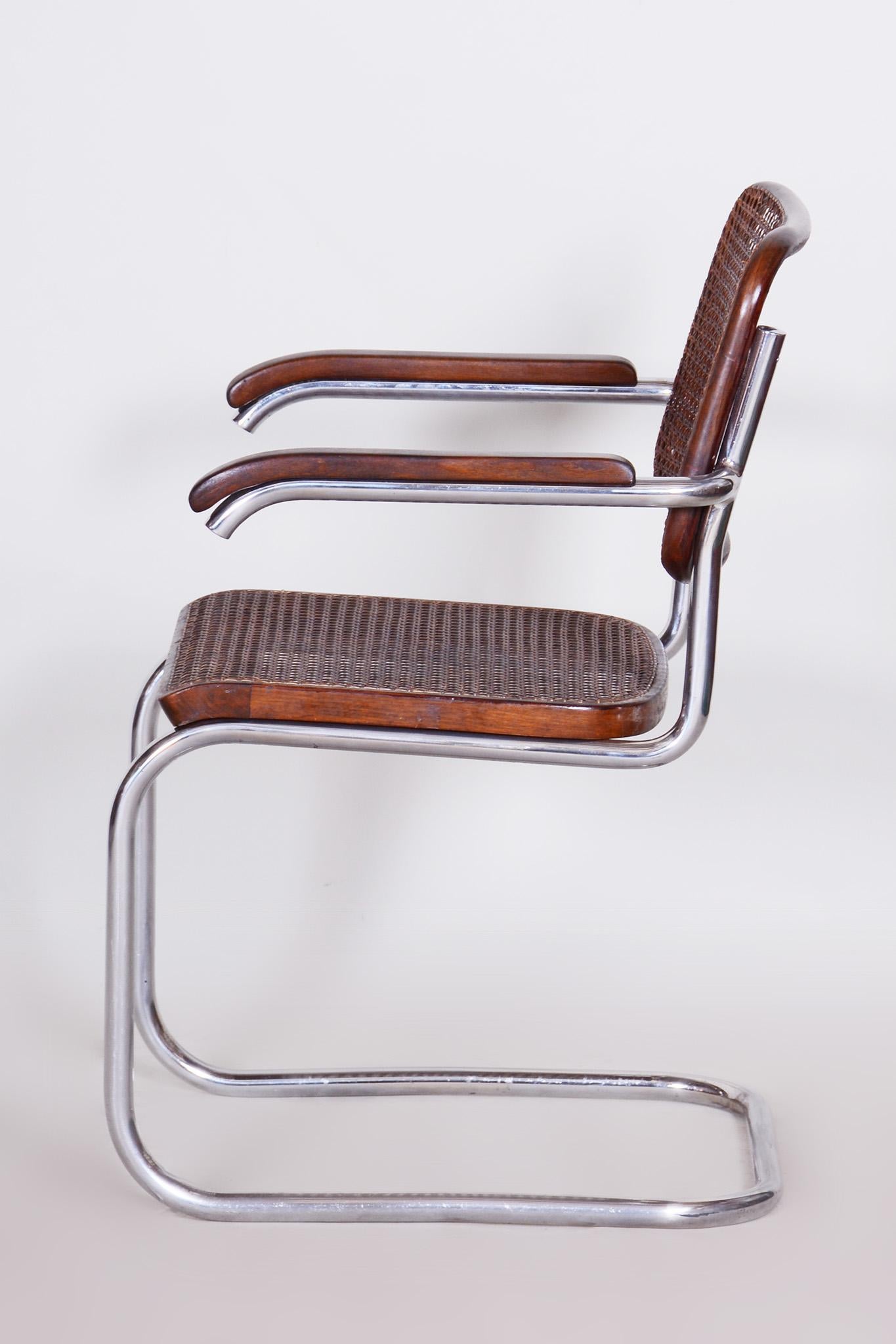 Rattan Restored Bauhaus Armchair, Marcel Breuer, Thonet, Beech, Chrome, Germany, 1930s For Sale