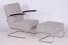 Restored Bauhaus Armchair with Foot Stool, by Mücke-Melder, Steel, Czech, 1930s