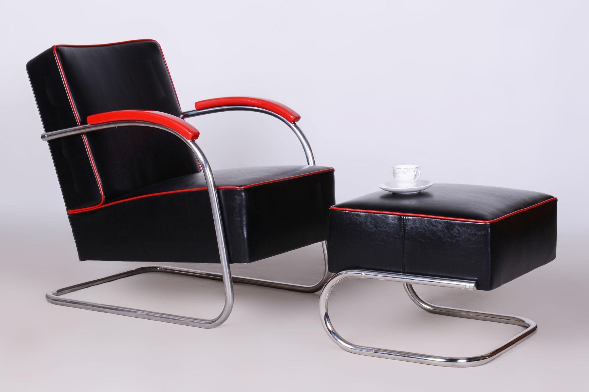 Restored Bauhaus Armchair with Foot Stool, by Mücke-Melder, Steel, Czech, 1930s In Good Condition For Sale In Horomerice, CZ