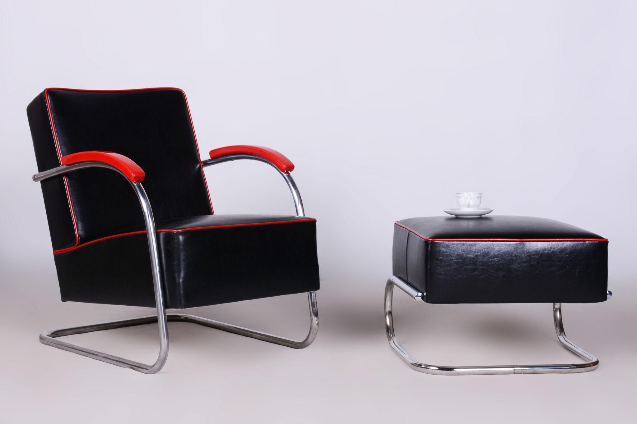Restored Bauhaus Armchair with Foot Stool, by Mücke-Melder, Steel, Czech, 1930s For Sale 1