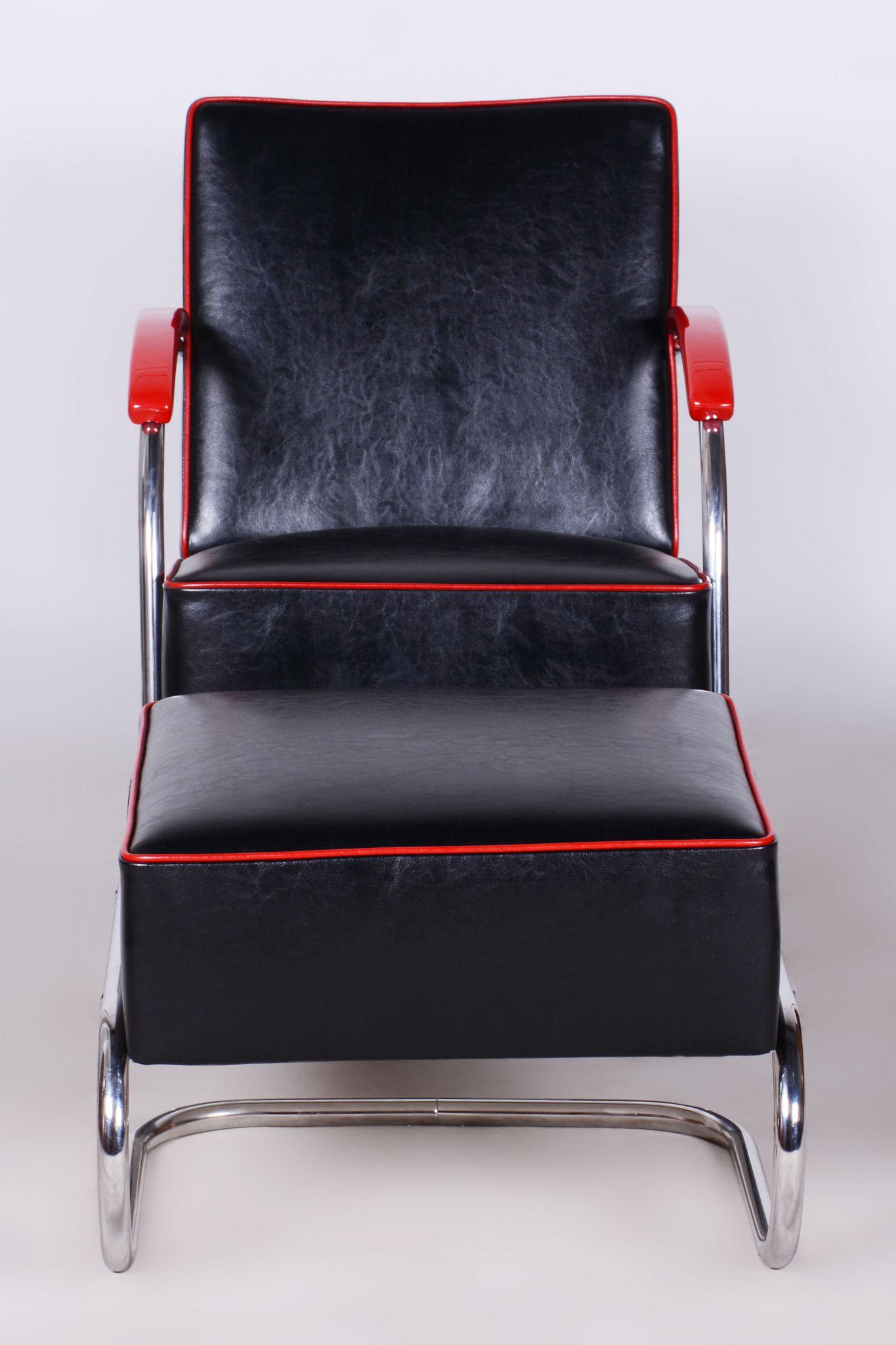 Restored Bauhaus Armchair with Foot Stool, by Mücke-Melder, Steel, Czech, 1930s For Sale 4