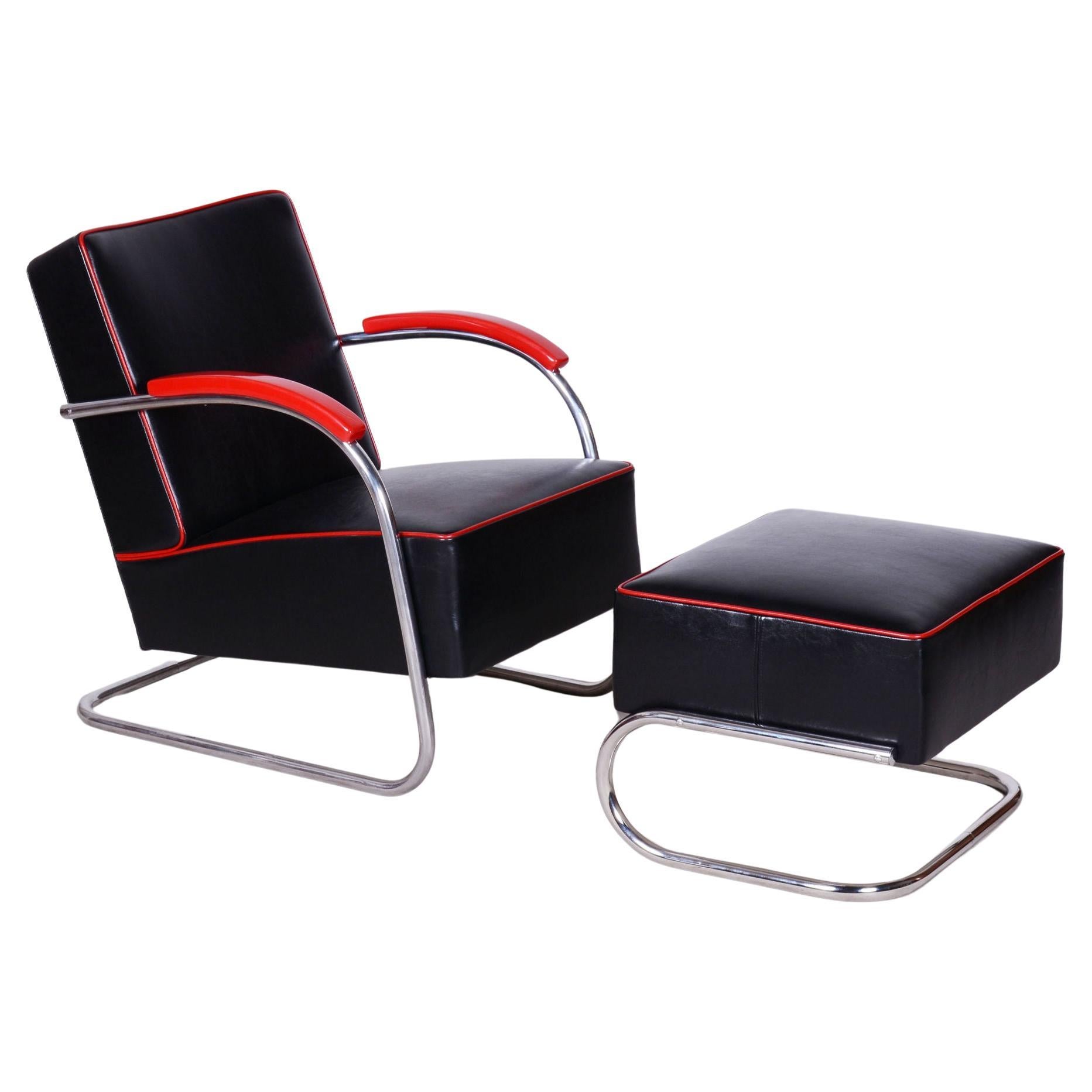 Fauteuil Bauhaus restauré avec tabouret, par Mücke & Melder, acier, tchèque, années 1930