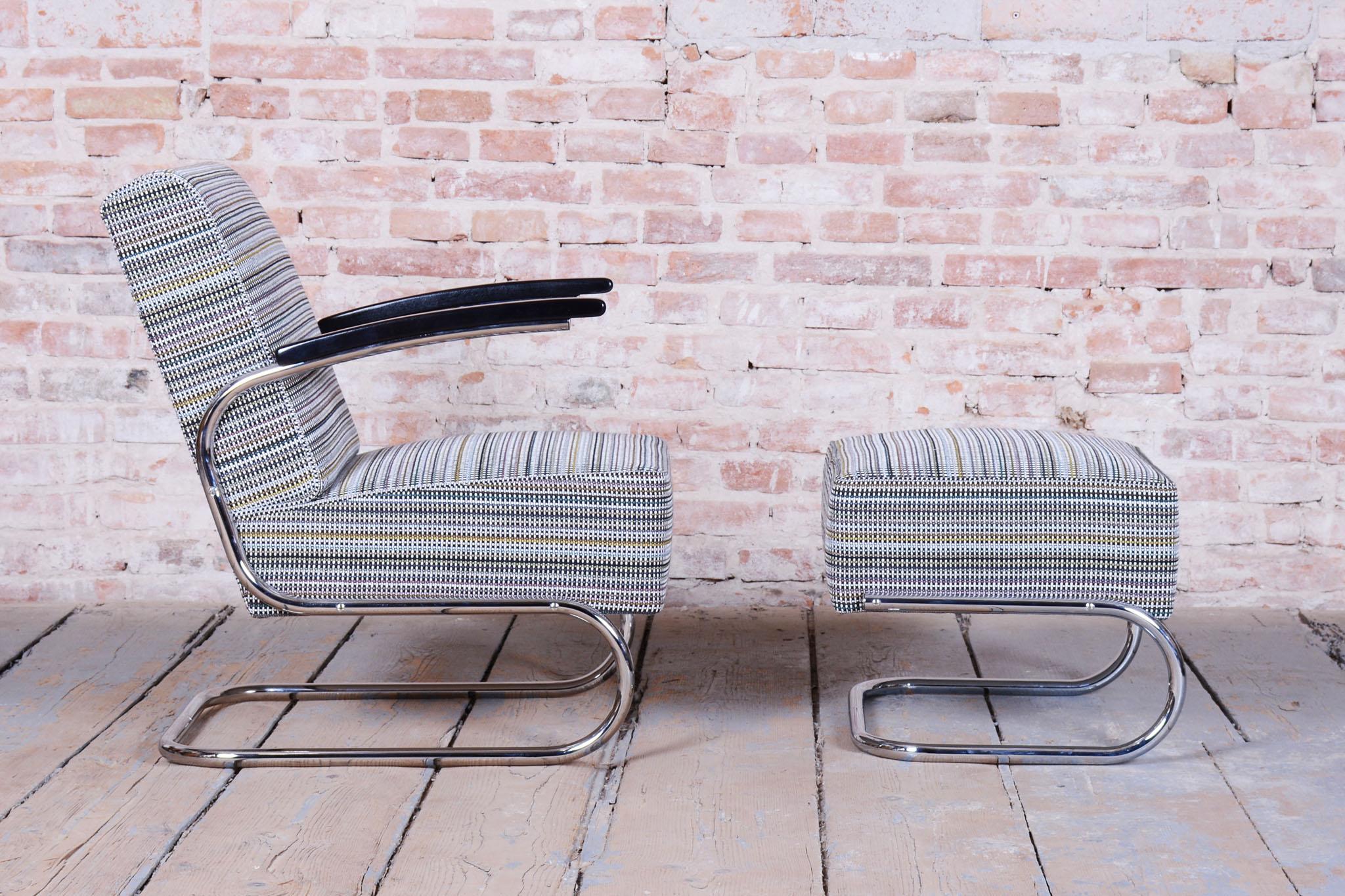 Steel Restored Bauhaus Armchair with Stool, by W. Gispen, Mücke-Melder, Czech, 1930s For Sale