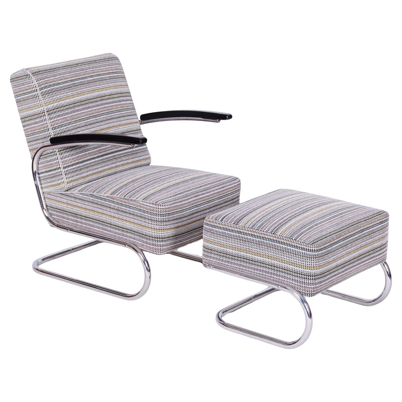 Restored Bauhaus Armchair with Stool, by W. Gispen, Mücke-Melder, Czech, 1930s For Sale