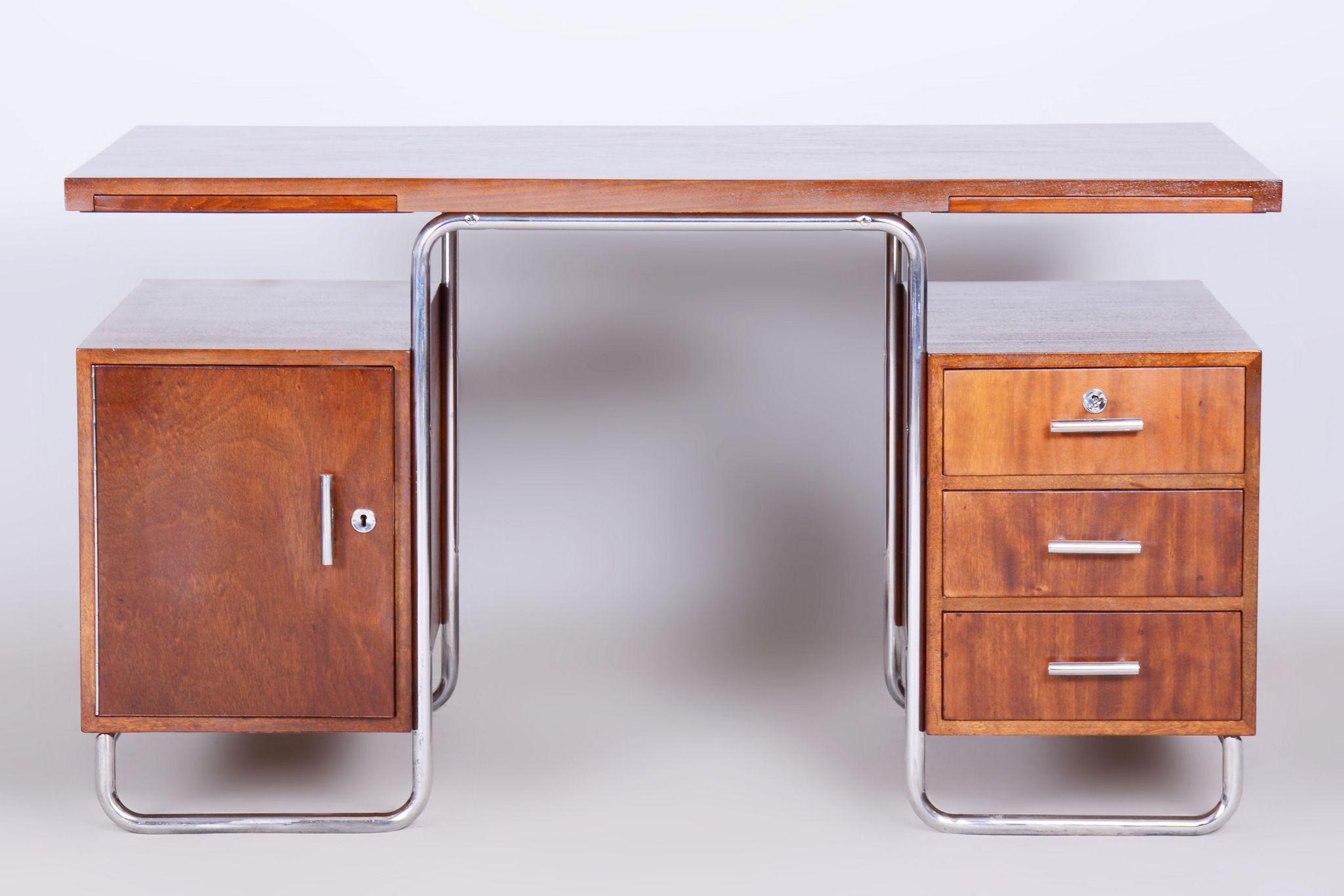 Restored Bauhaus Beech Writing Desk, Hynek Gottwald, Chrome, Czechia, 1930s For Sale 8
